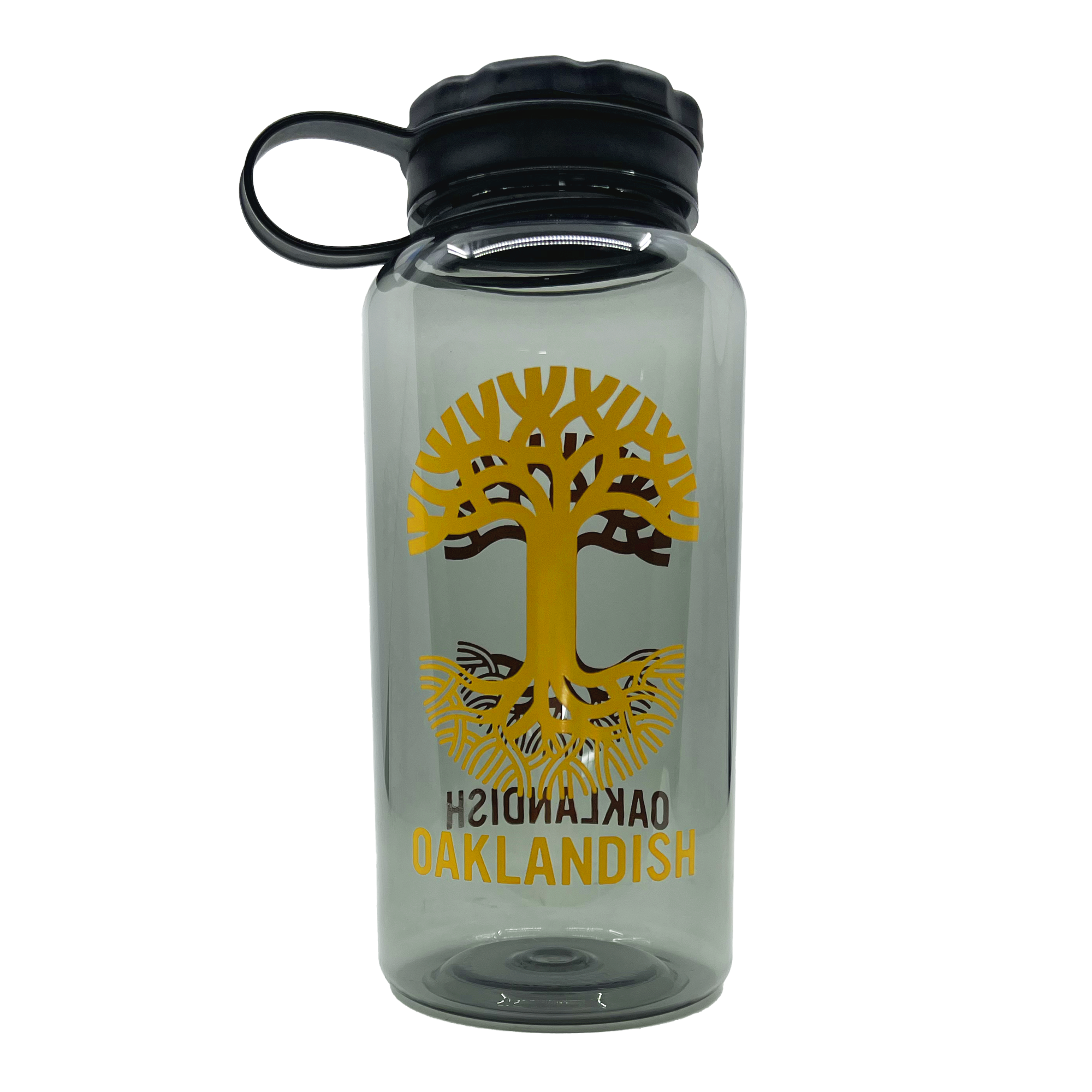 The Oaklandish Swig Bottle by Oaklandish is a transparent grey water bottle crafted from BPA-free Eastman Tritan. It features a black screw cap and a convenient loop handle. In the center, there is a striking yellow and brown tree design, accompanied by the word "Oaklandish" prominently written below in bold yellow letters, with its mirror image above to promote hydration.