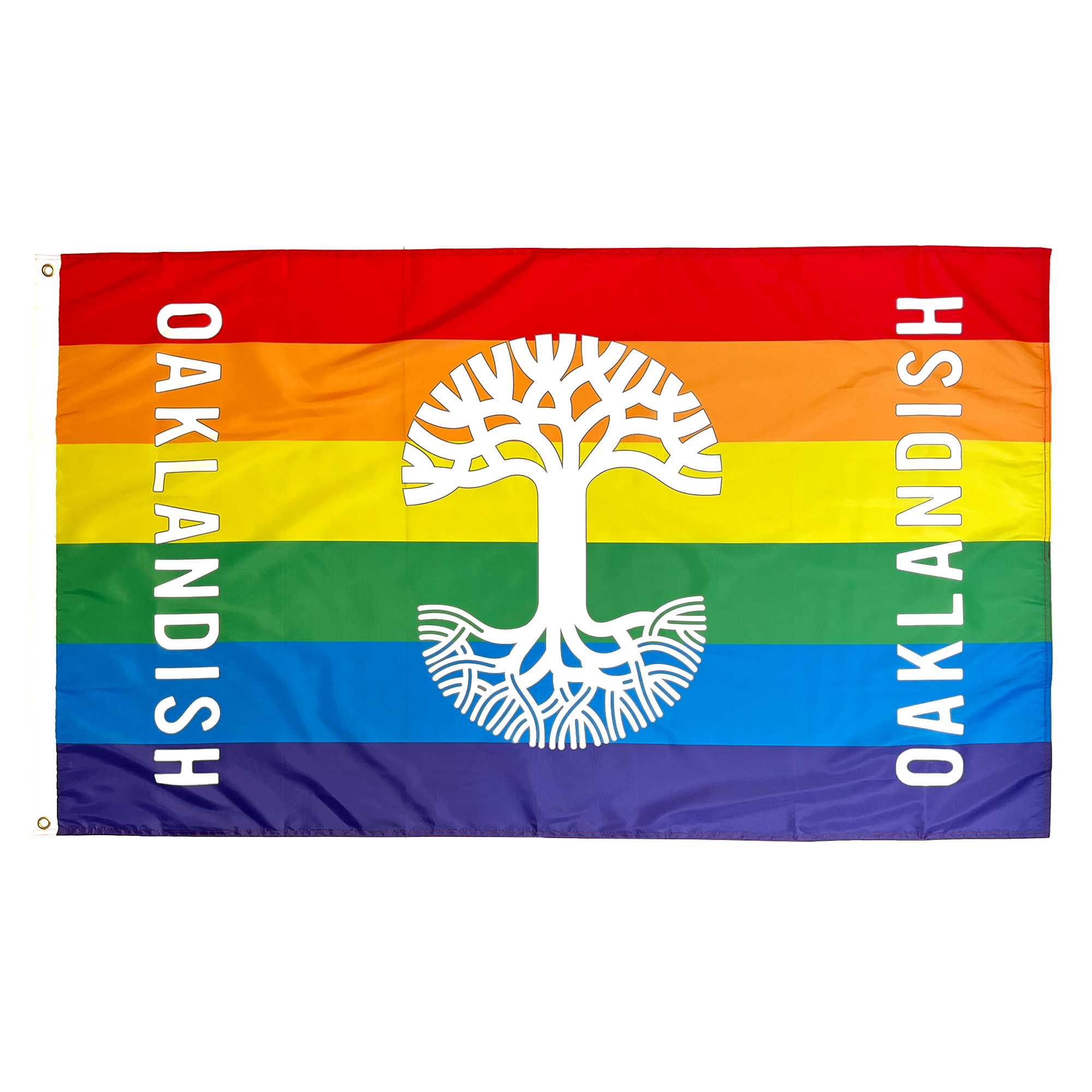 The Oaklandish Pride Logo Flag, crafted by Oaklandish, features a rectangular design with horizontal stripes in the rainbow colors: red, orange, yellow, green, blue, and purple. At the center is a white stylized tree. "OAKLANDISH" is written vertically in white on both sides of this knit polyester flag—a perfect accessory for any space.