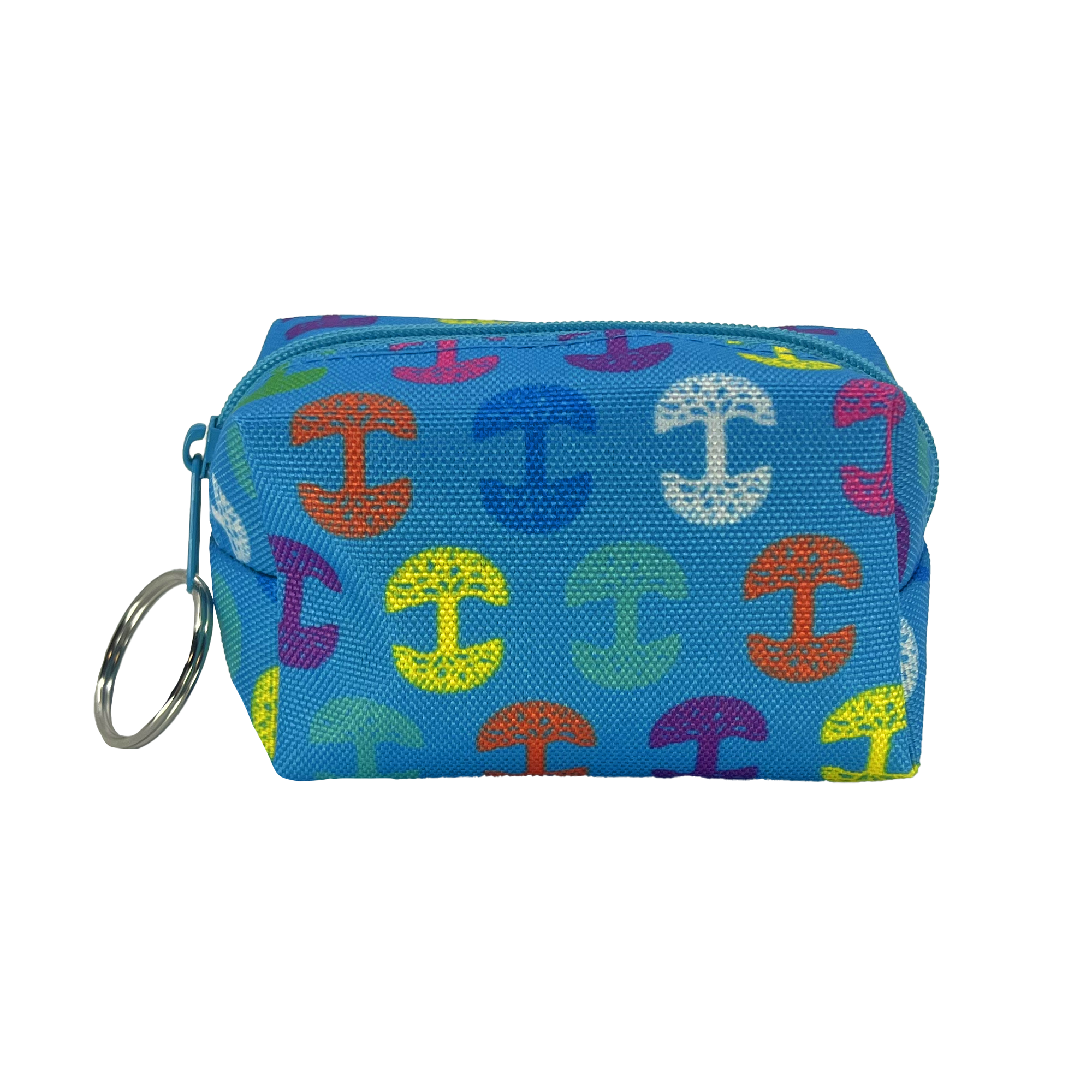 The Oaklandish Repeat Tree Mini Dopp is a small rectangular blue pouch adorned with vibrant geometric patterns, including semicircles and dots in red, green, yellow, and blue. This mini key chain pouch features a zippered compartment on top and has a silver keyring attached to one side for convenient carrying or attachment.