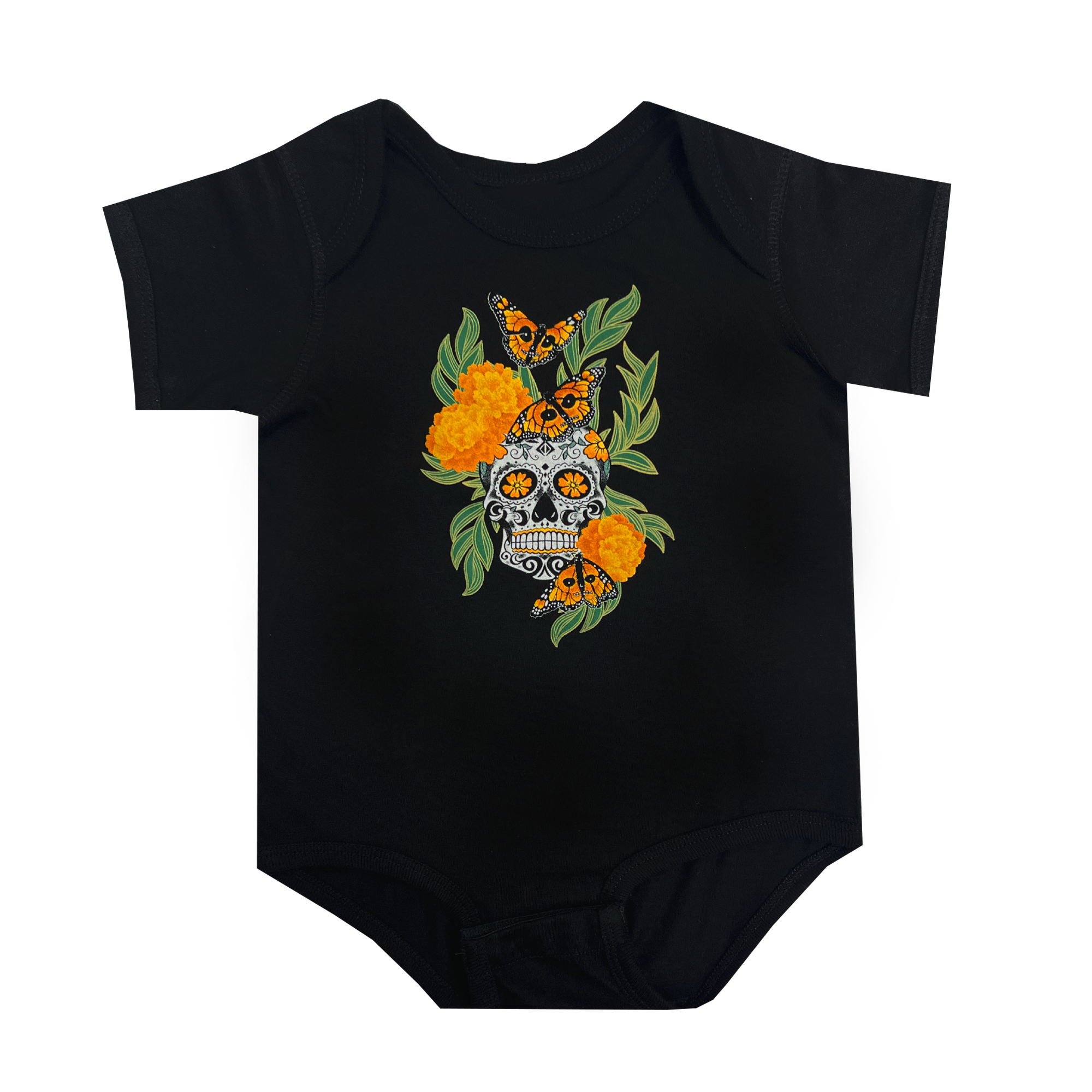  Baby one-piece in black with graphic art by Oakland artist Jet Martinez depicting a sugar skull surrounded by Marigolds and Monarch butterflies.