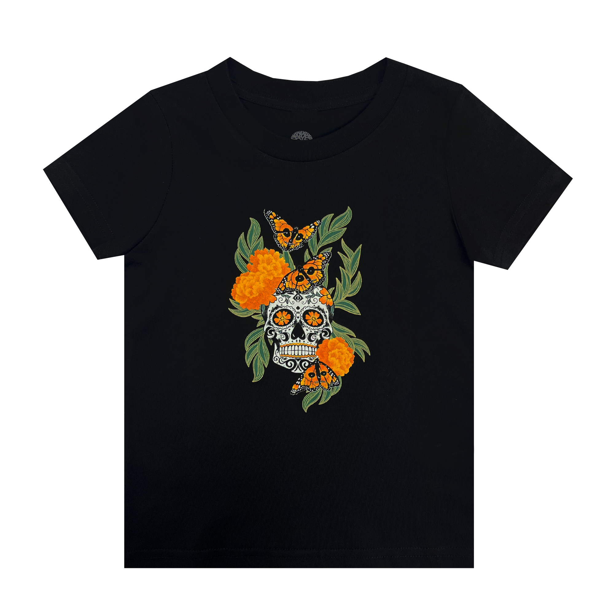 Black youth t-shirt with graphic art by Oakland artist Jet Martinez depicting a sugar skull surrounded by Marigolds and Monarch butterflies.