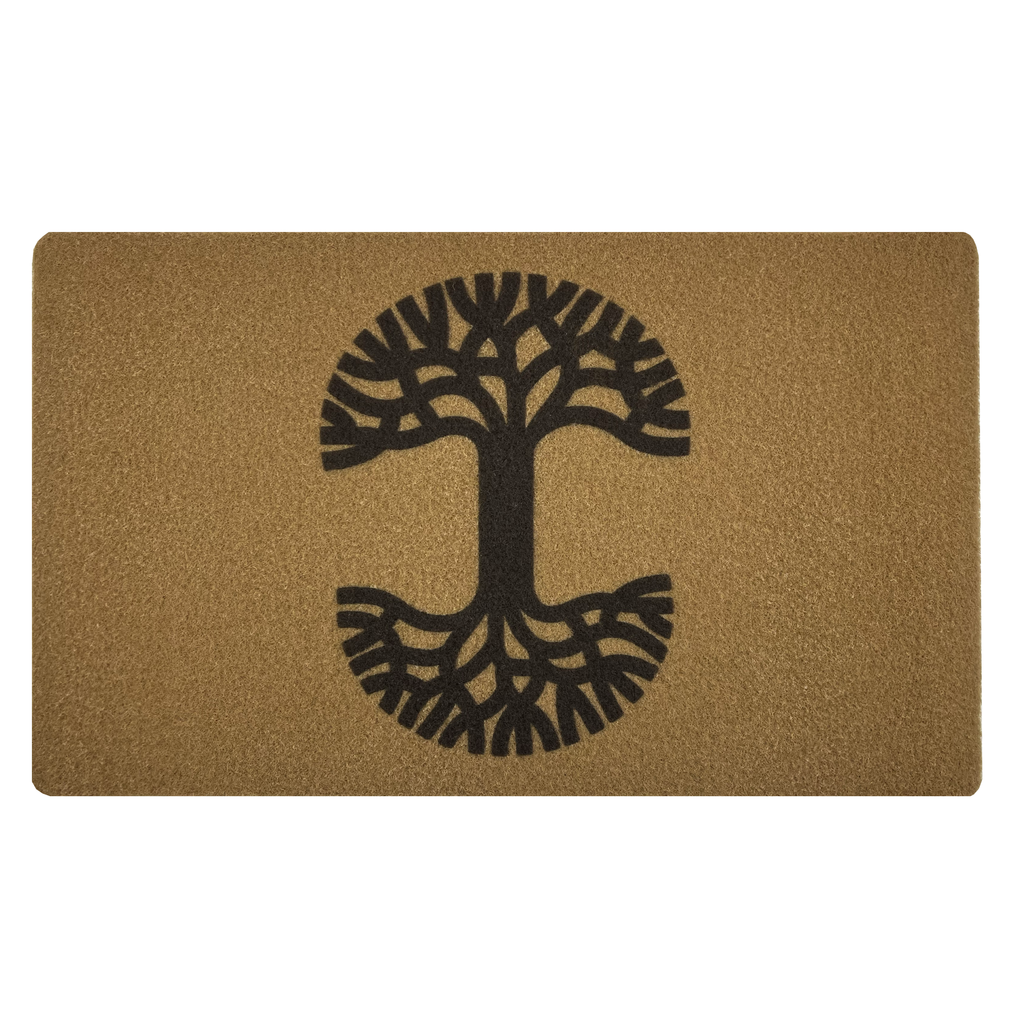 The Oaklandish Logo Door Mat by Oaklandish is a rectangular door mat with a brown background featuring a black tree design in the center. The tree has a prominent trunk, with branches extending upwards and roots spreading outwards, creating a symmetrical, mirrored effect. This mat has a textured surface for effective dirt removal and an anti-slip backing for stability indoors or outdoors.