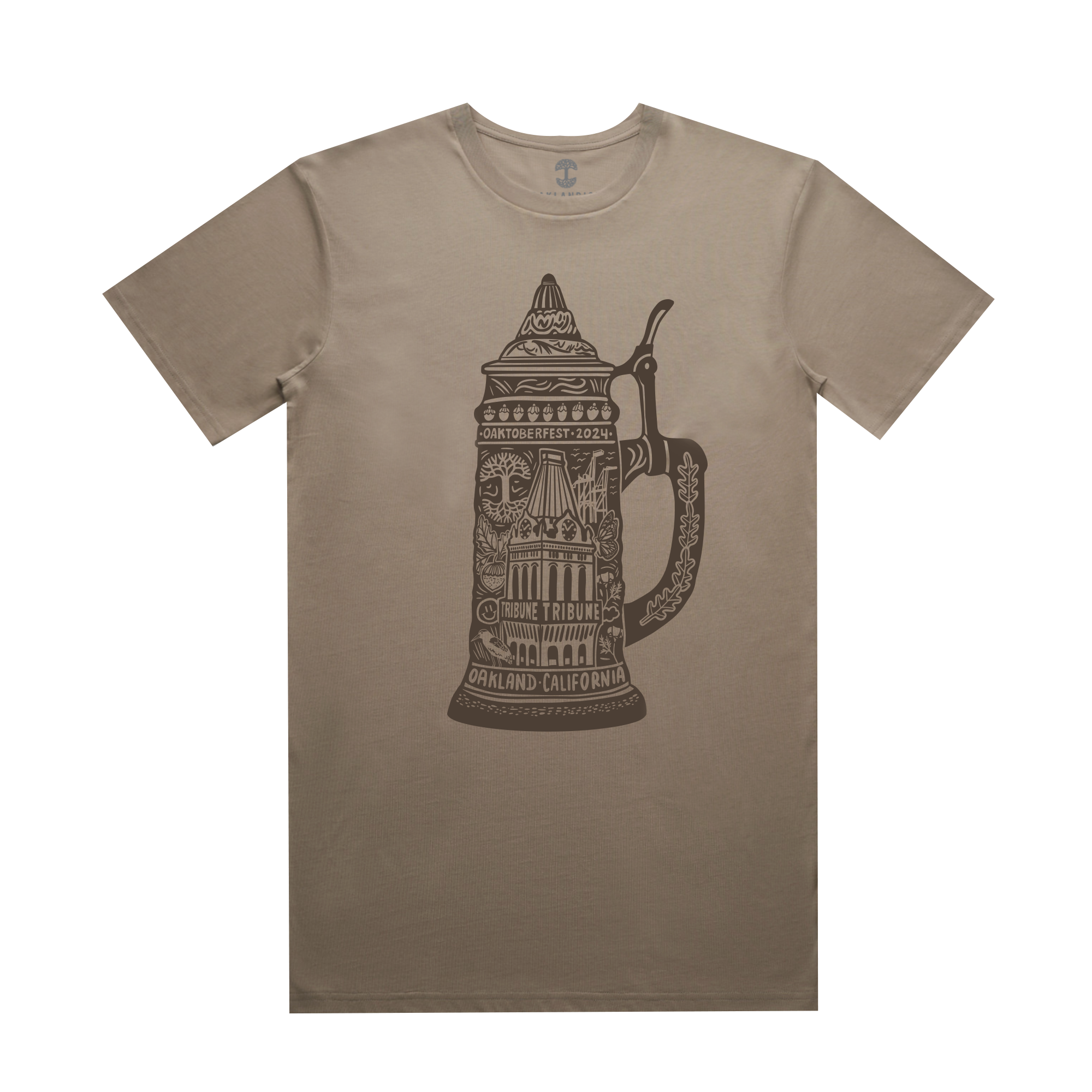 The Oaktoberfest 2024 Tee by Oaklandish is a beige, 100% cotton T-shirt showcasing a detailed illustration of a traditional beer stein with intricate designs. The stein features text such as "Oaktoberfest 2014," "True Tribute," "Oakland California," and other decorative elements. The shirt is displayed against a white background.