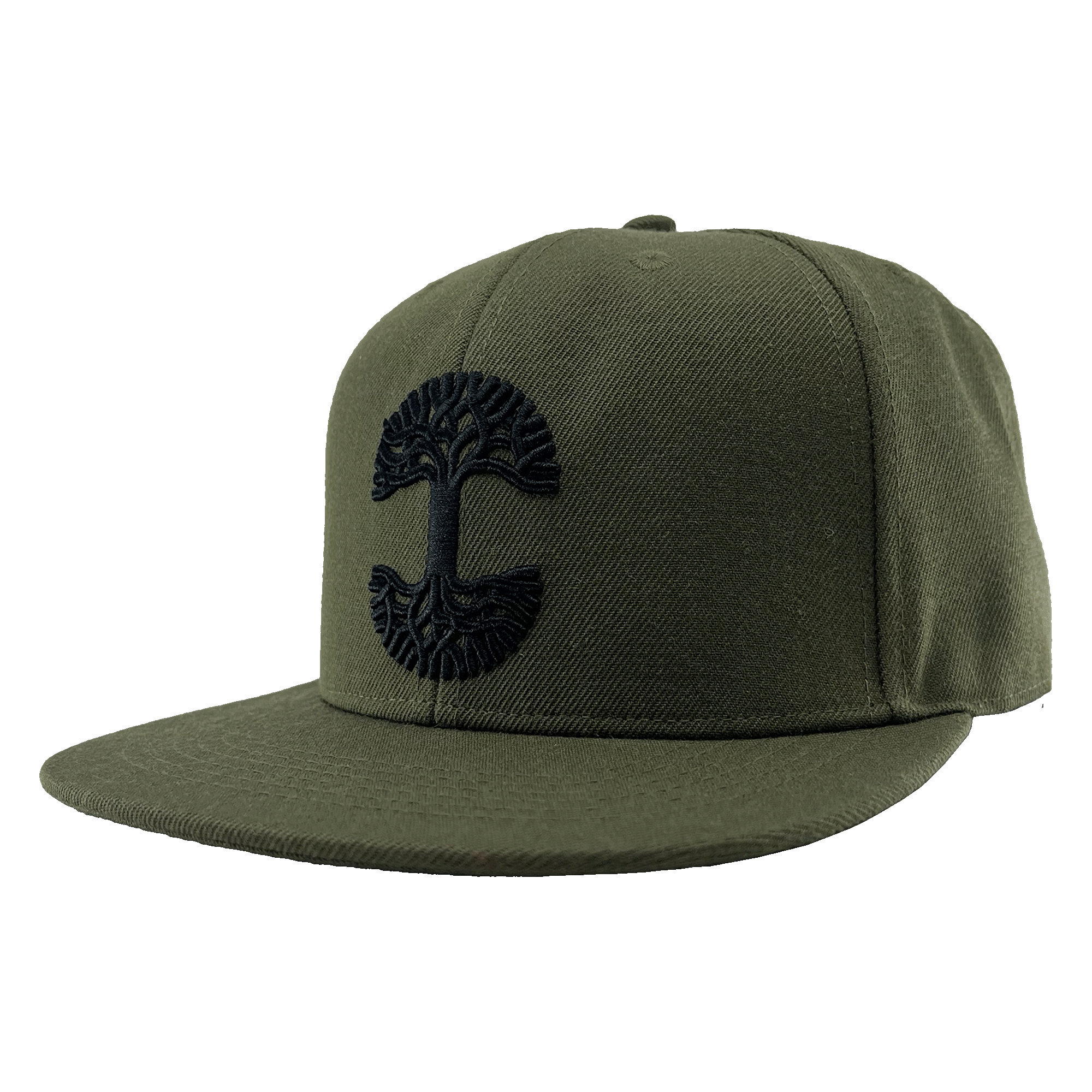 Side view of green snapback hat with black embroidered Oaklandish tree logo on the crown, flat square bill and black embroidered details.