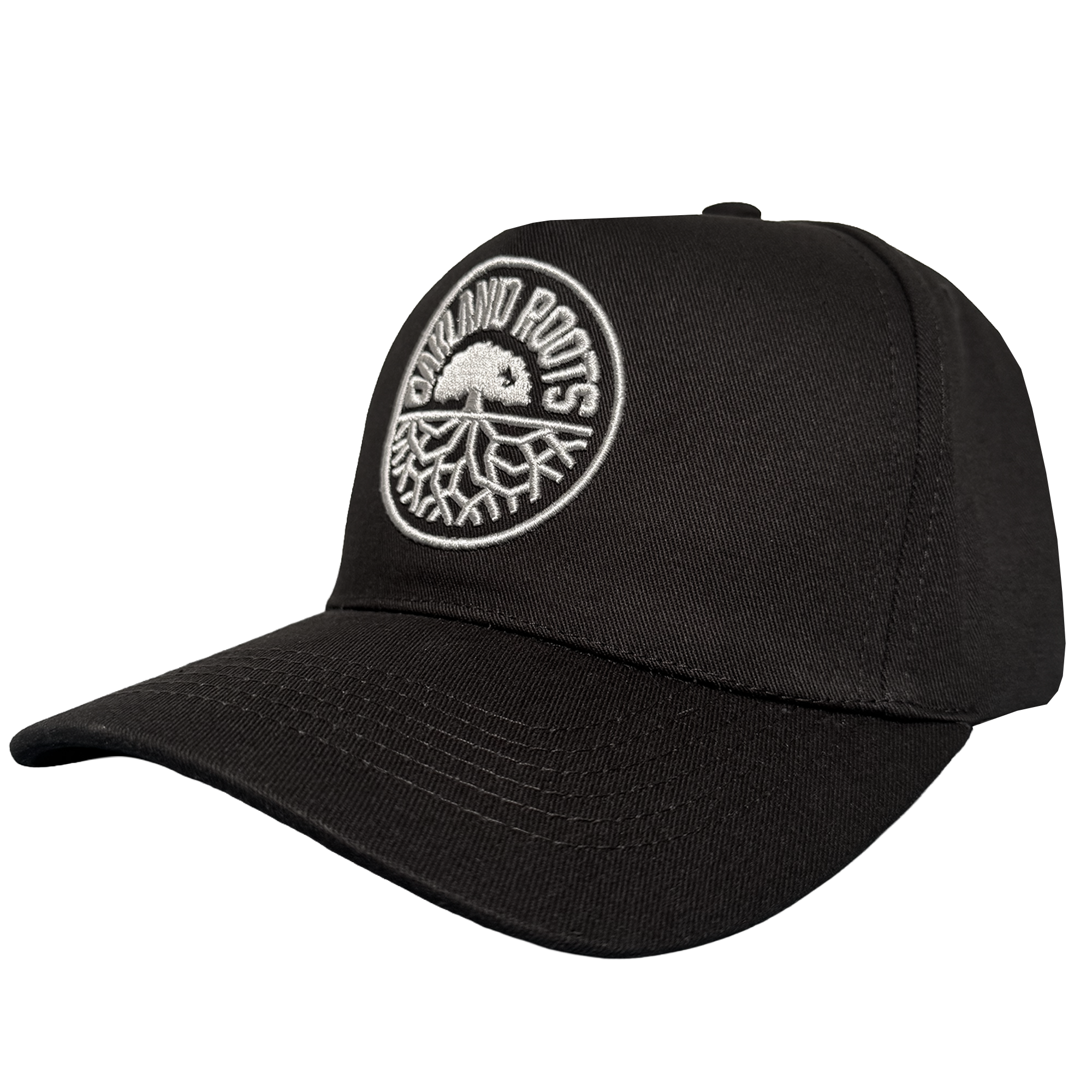 The ORSC 5 Panel Hat by Oakland Roots SC is a black cap with a curved brim, featuring a white tree patch and “Outland Roots” text. Inspired by Oakland Roots Sports Club, it's ideal for fans. Plain white background.