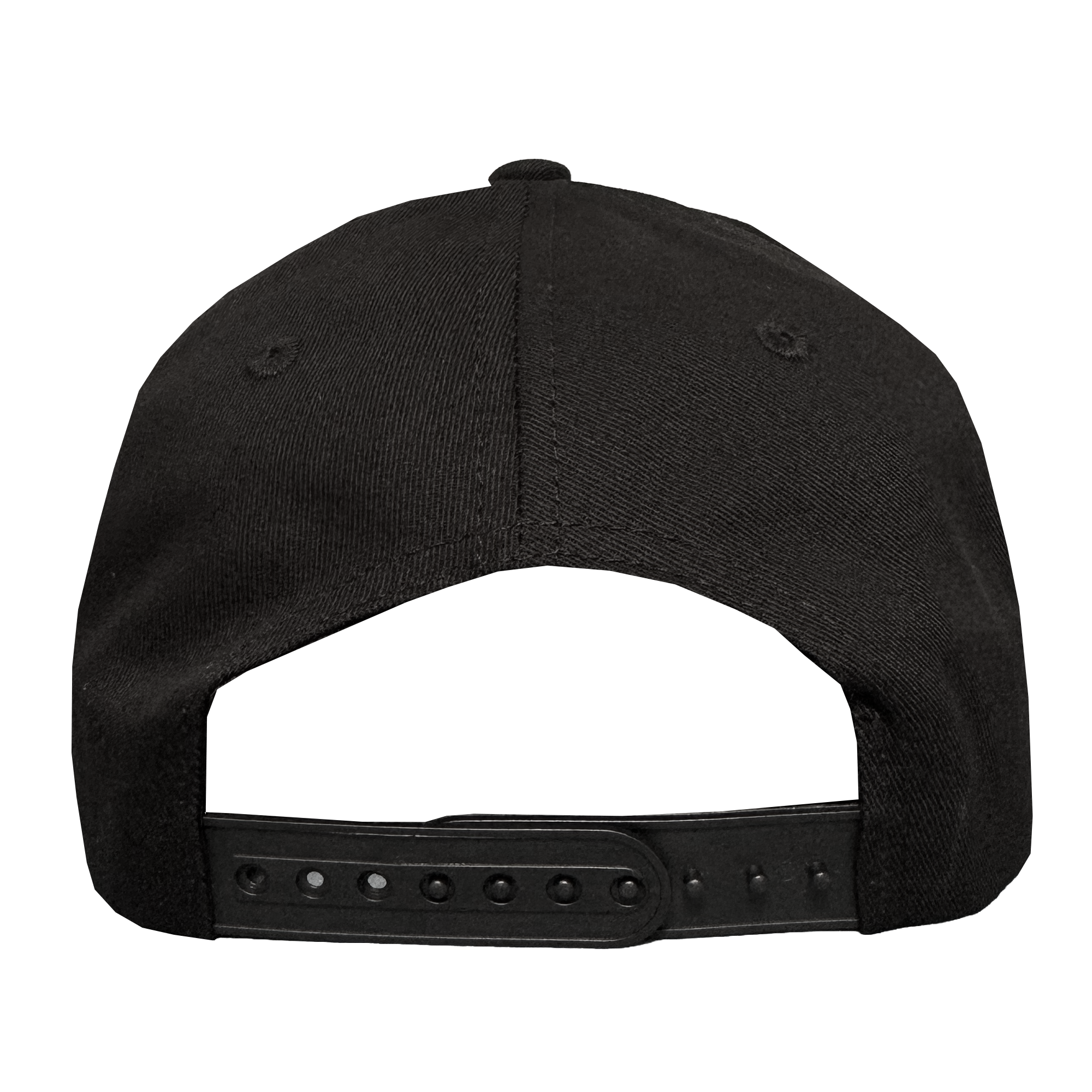 The Oakland Roots SC ORSC 5 Panel Hat in black is shown from the back, featuring a curved fabric panel and black adjustable plastic snapback. The plain white background highlights its simple sports-inspired design and texture.