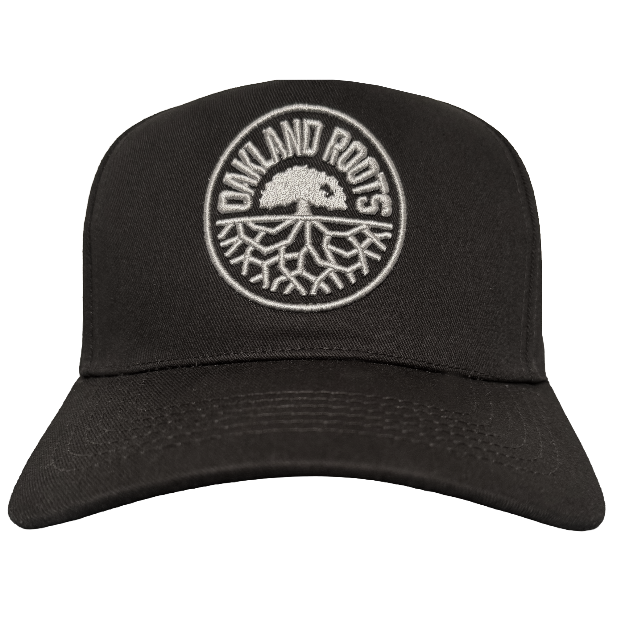 The ORSC 5 Panel Hat by Oakland Roots SC is a black cap featuring a white circular logo with a tree and bold "OAKLAND ROOTS" lettering, making it the perfect accessory for Oakland sports fans.