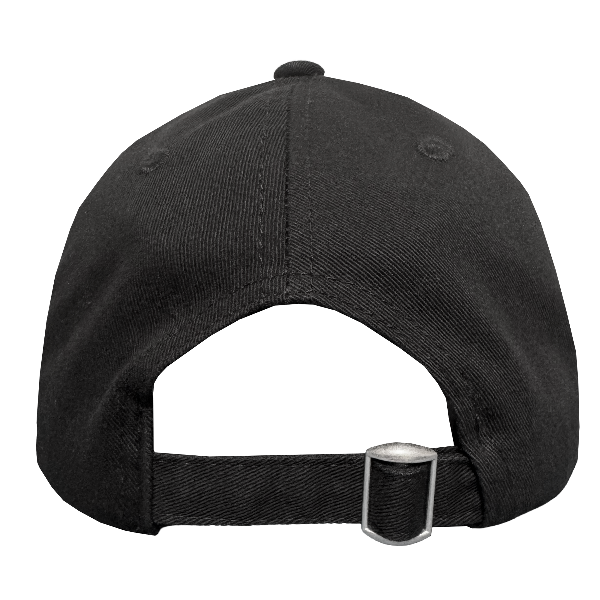 The image shows the back of a black Oakland Roots SC ORSC Dad Hat, featuring an adjustable strap with silver buckle, visible stitching and texture, two ventilation eyelets per side, set against a white background.