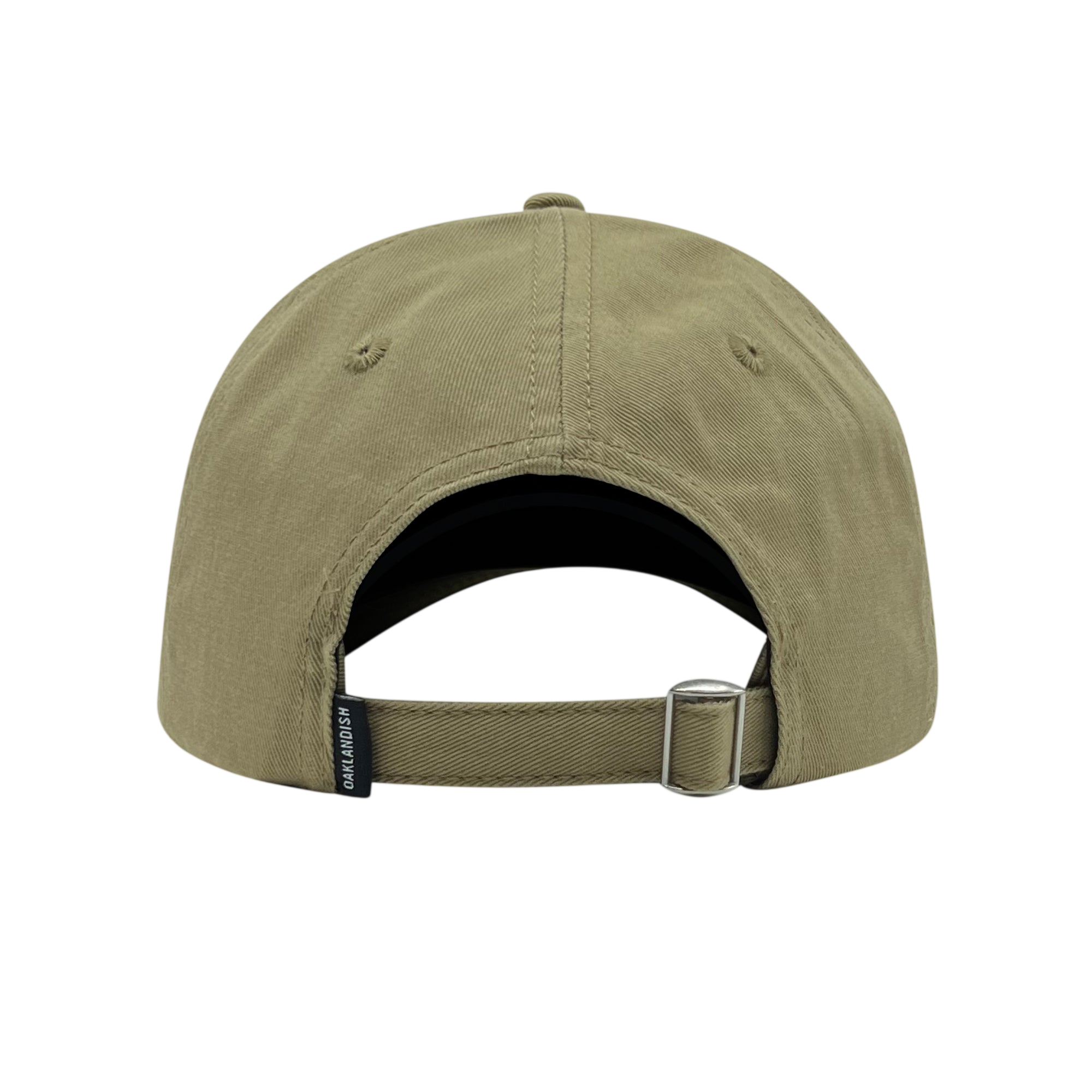 The image shows the back of the olive green Official Micro Logo Dad Hat from Oaklandish. It features an adjustable strap with a metal buckle and a small black tag with text next to the strap. The strap can be extended or shortened for a better fit, and the cap has two stitched eyelets on each side for ventilation.