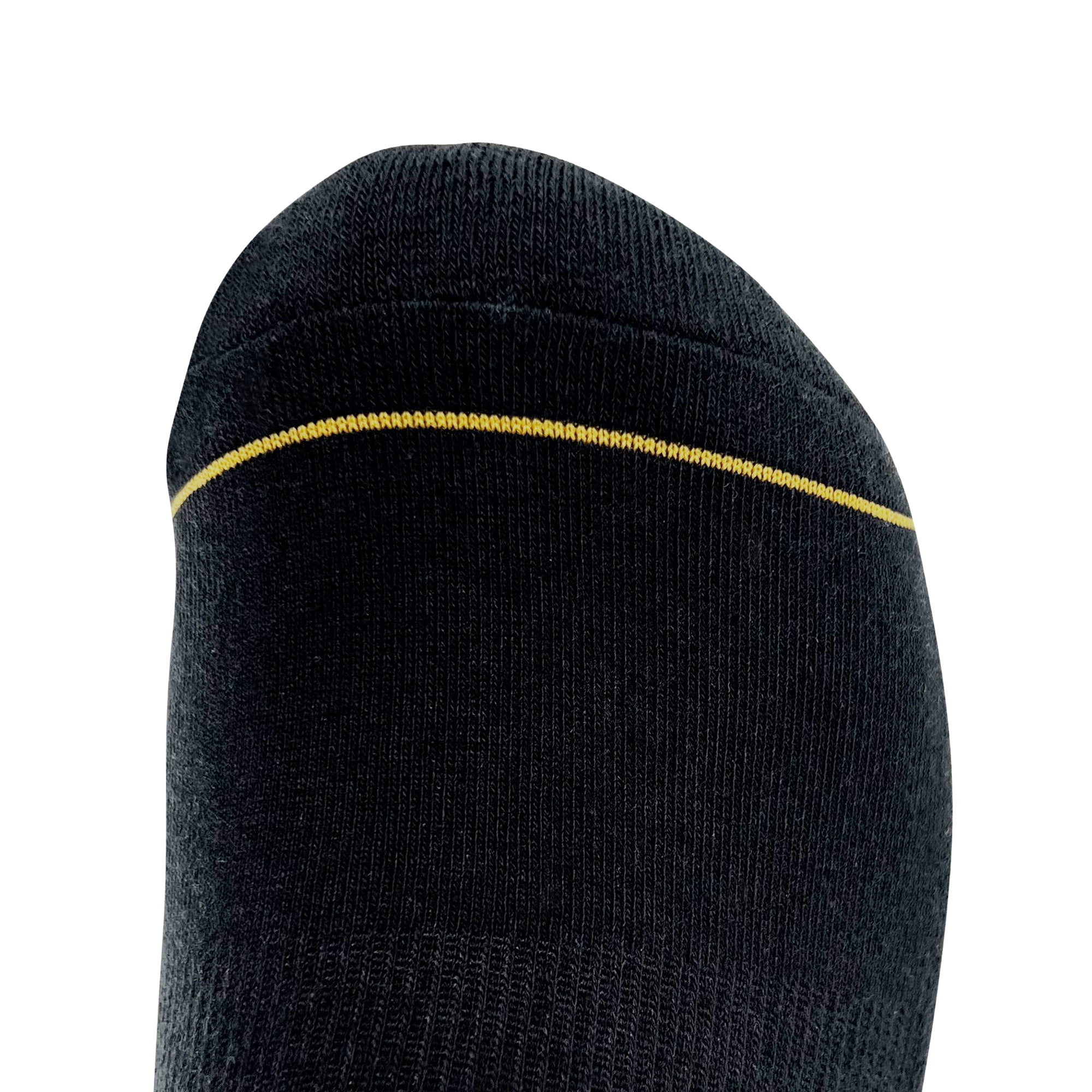 Close-up view of the toe section of the black/gold Embroidered Logo Sock by Oaklandish, showcasing a seamless design. A single, subtle yellow line runs horizontally near the top edge, contrasting with the black fabric. The sock has a smooth knit texture and a slightly rounded shape at the tip. Available in adult sizes.