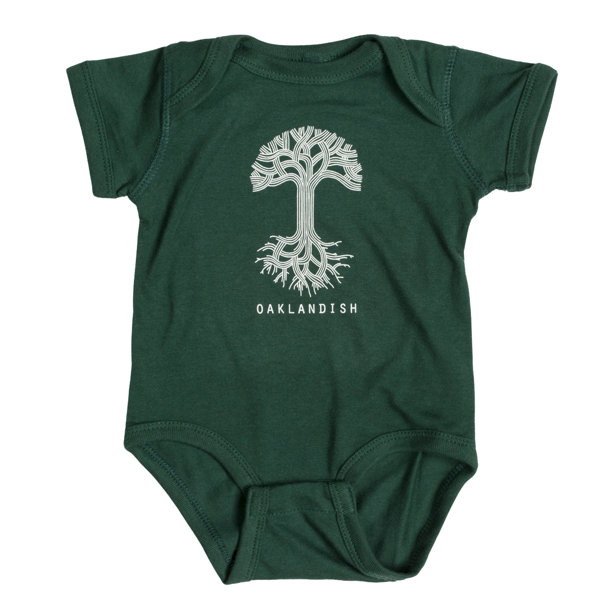 The Infant Oaklandish Classic Logo One-Piece by Oaklandish is a green baby romper showcasing a white, stylized tree with intricately designed roots and branches. Beneath the tree, "OAKLANDISH" is printed in bold, white capital letters. Crafted from soft ring-spun cotton, this short-sleeved one-piece features reinforced snap closures at the bottom for convenience.