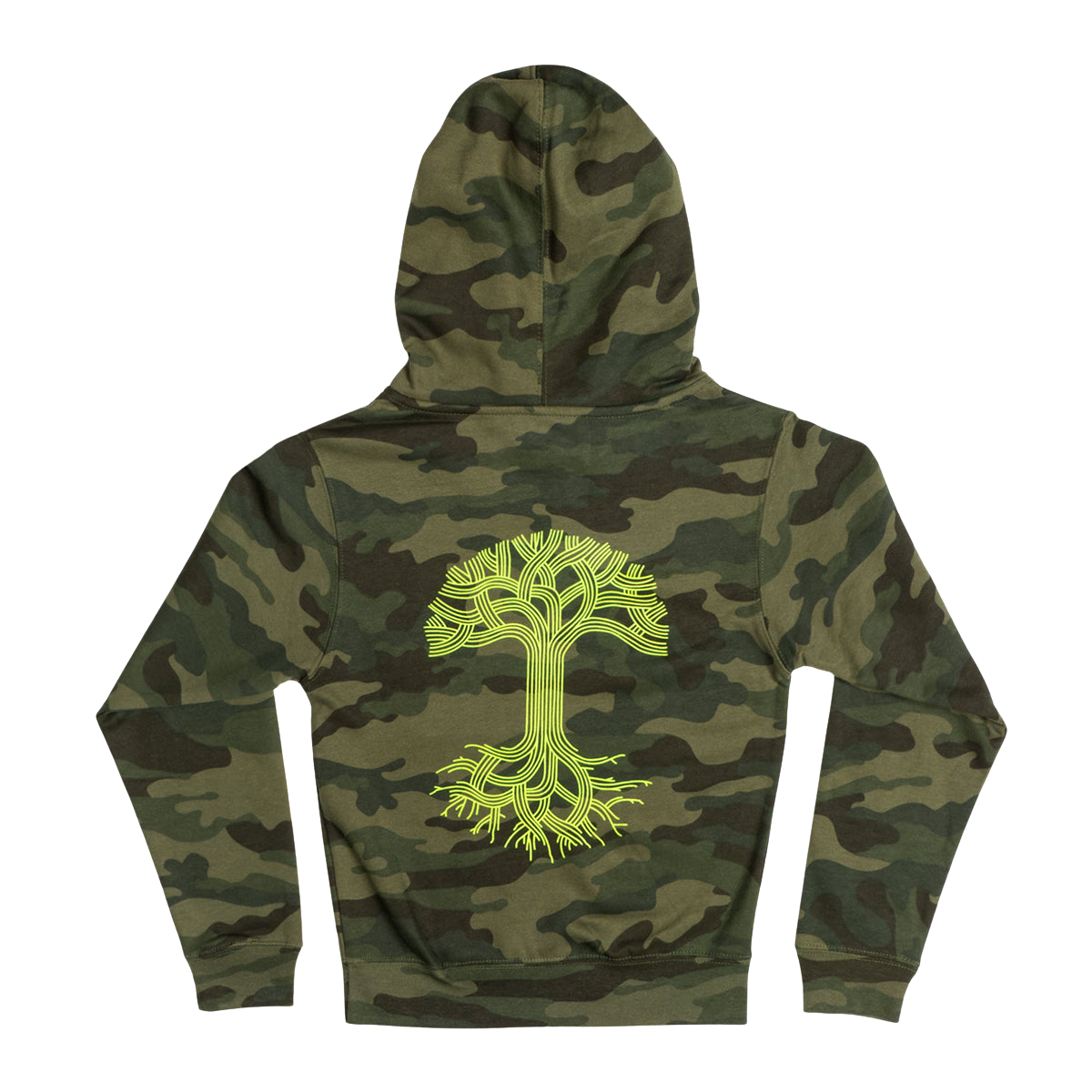 Introducing the Youth Classic Hoodie by Oaklandish: a camo-patterned kids' hoodie featuring dark and light green tones. The back is adorned with a large, vibrant yellow-green design of a stylized tree, complete with intricate branches and roots extending from the trunk. This hoodie comes with a hood and long sleeves, making it ideal for any adventure.