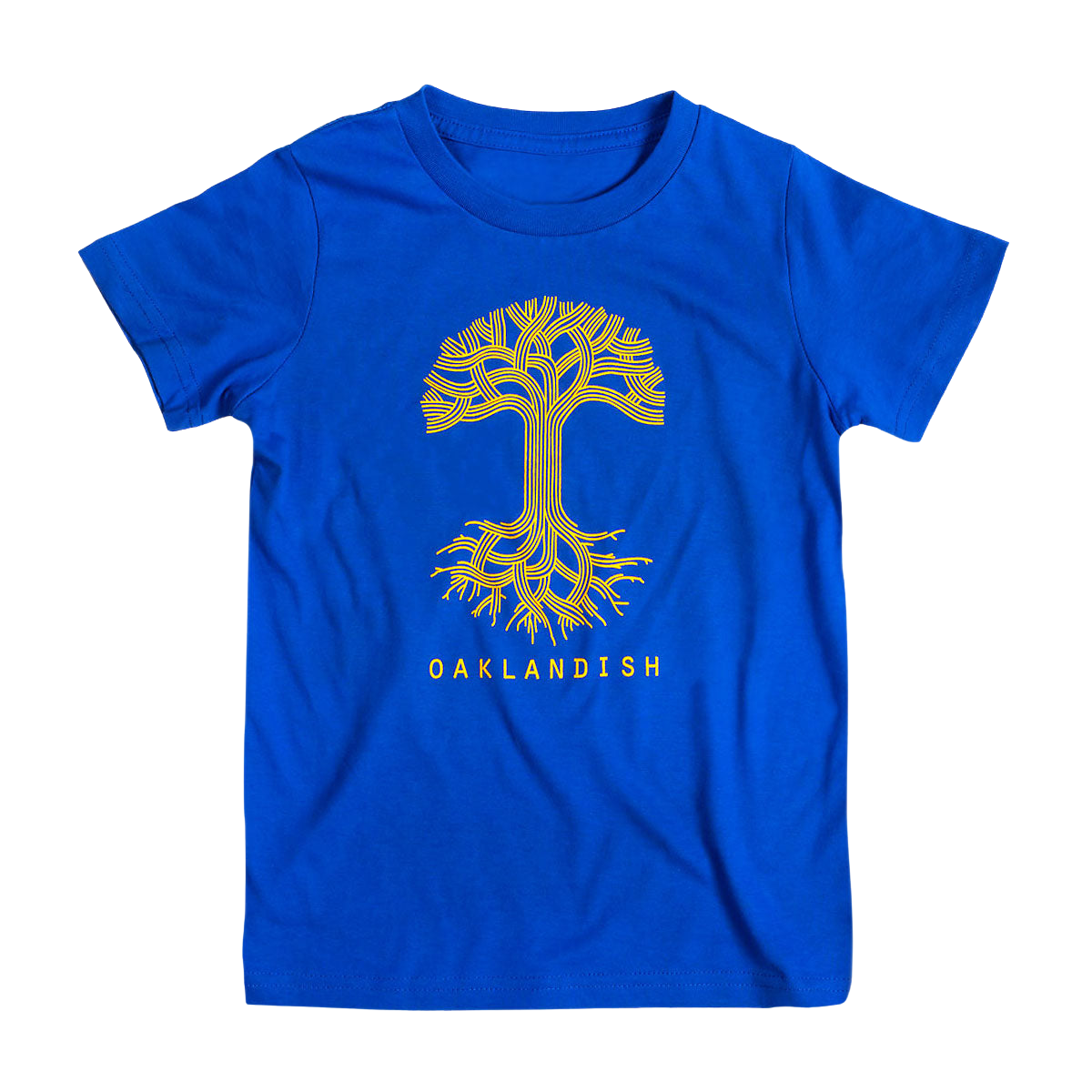 The Youth Oaklandish Classic Logo Tee by Oaklandish is a royal blue youth T-shirt made from 100% cotton. It features a stylized yellow tree design with intricate, symmetrical branches and roots extending from the center. Below the tree, the word "OAKLANDISH" is printed in bold capital letters.