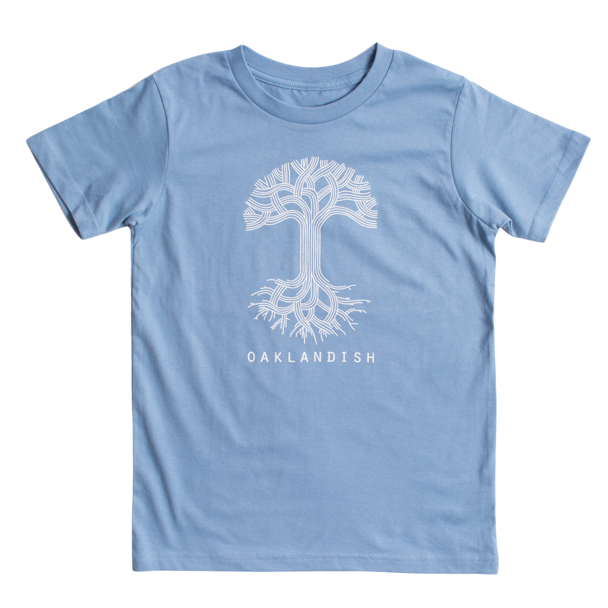 The Youth Oaklandish Classic Logo Tee from Oaklandish is a Carolina blue t-shirt featuring a white graphic of a tree with branching lines resembling roots and branches. Below the tree design, the word "OAKLANDISH" is printed in white. Made of 100% cotton, this youth t-shirt is displayed on a plain white background.