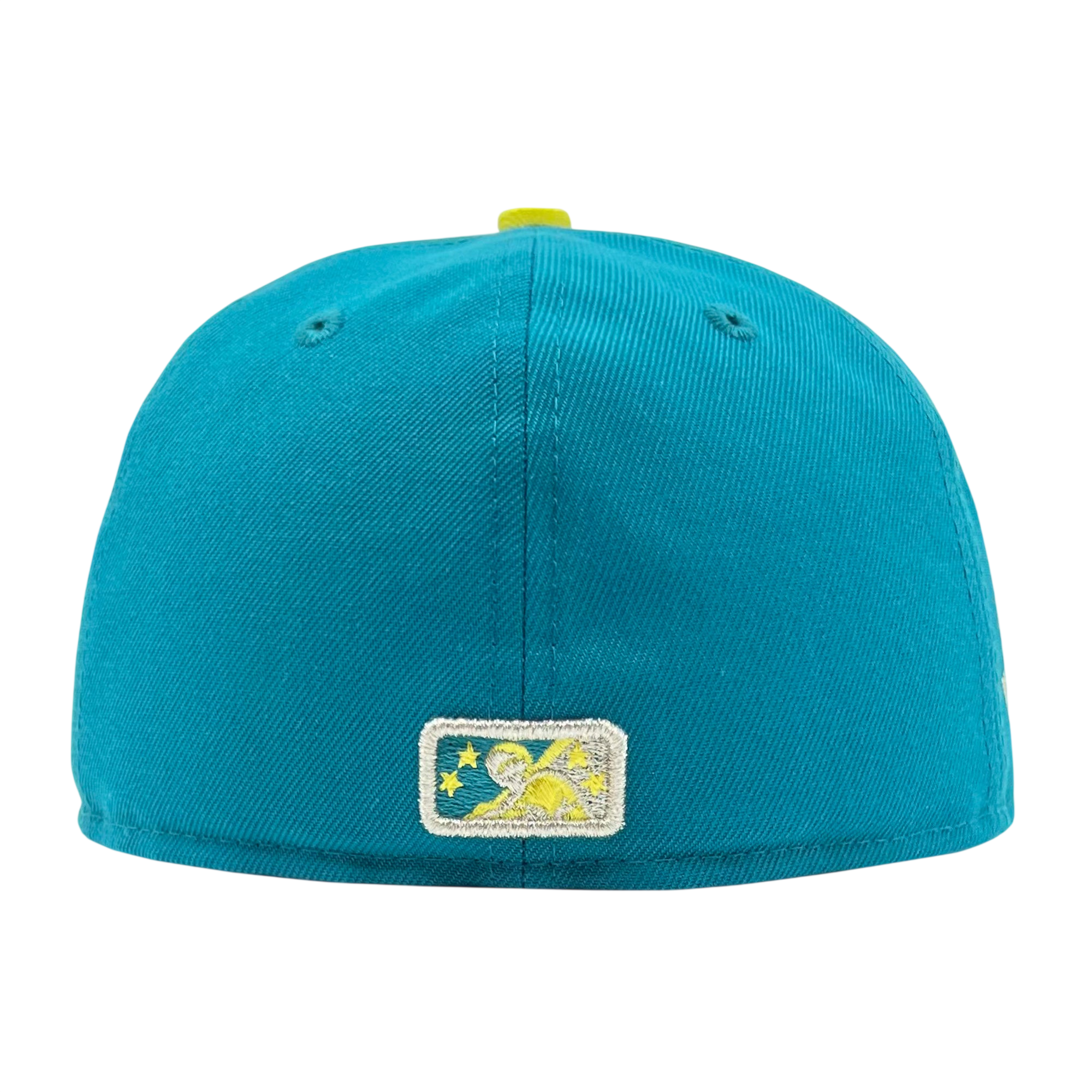 A teal New Era Oakland Oaks 59FIFTY fitted cap by Other, shown from the back, featuring a small embroidered patch with two stars, a moon, and a mountain. This hat has two ventilation holes and a yellow top button. The background is plain white.