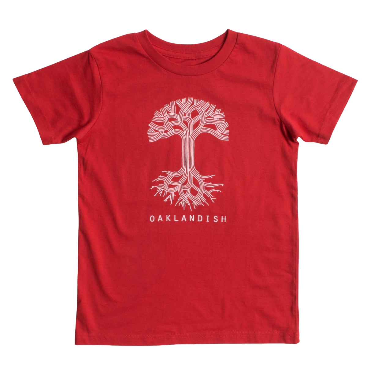 The Youth Oaklandish Classic Logo Tee by Oaklandish is a red T-shirt showcasing a white graphic design of a tree with winding branches and roots in the center. Below the tree graphic, the word "OAKLANDISH" is printed in white capital letters. Made from 100% cotton, this kids' shirt is displayed flat against a plain white background.