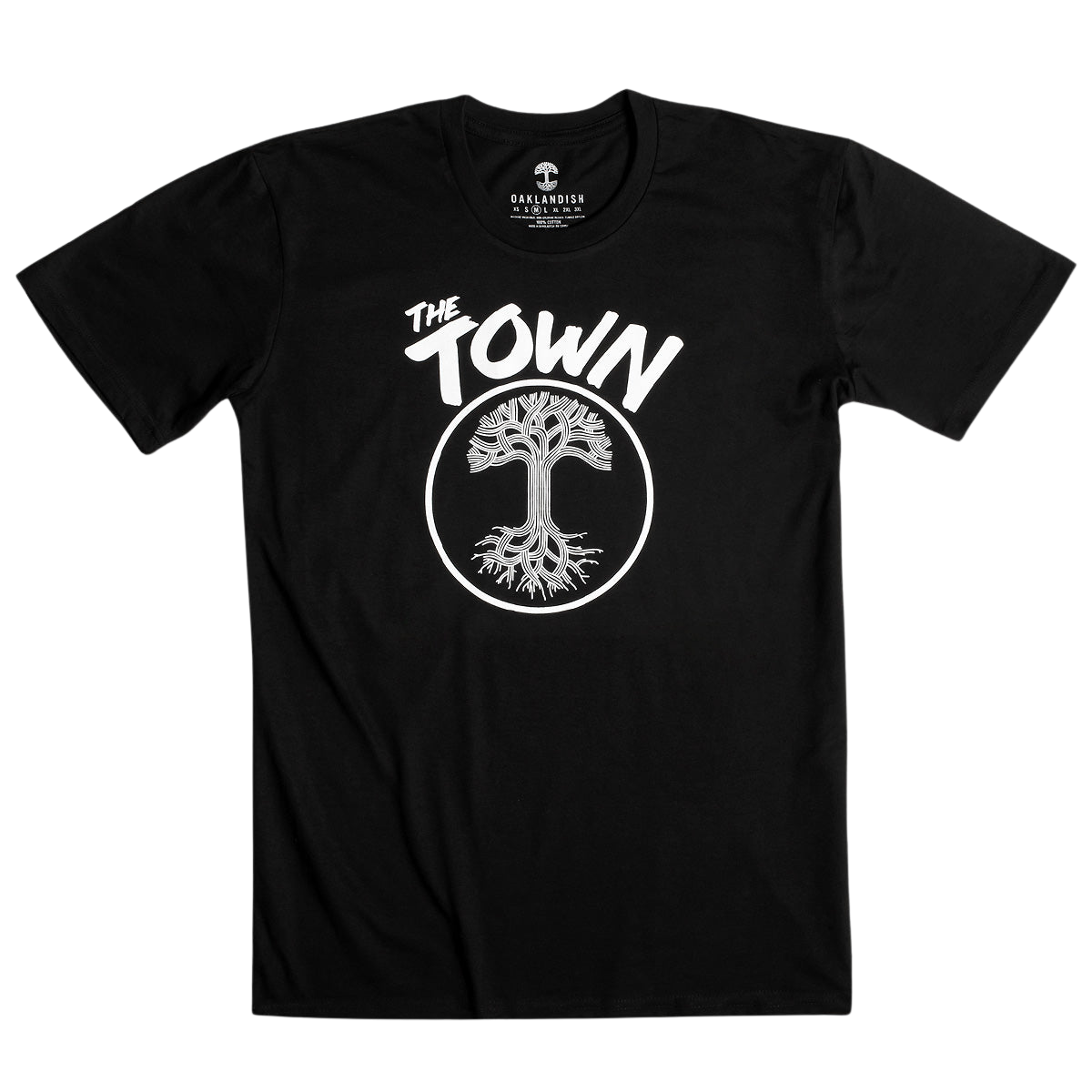 Introducing the Forever Tee by Oaklandish: A black, 100% cotton T-shirt featuring "The Town" written in white, stylized text at the top center. Below the text is a circular logo showcasing a white oak tree with detailed roots. This classic fit tee from our men's collection has a plain background to highlight its striking graphic design on the front.