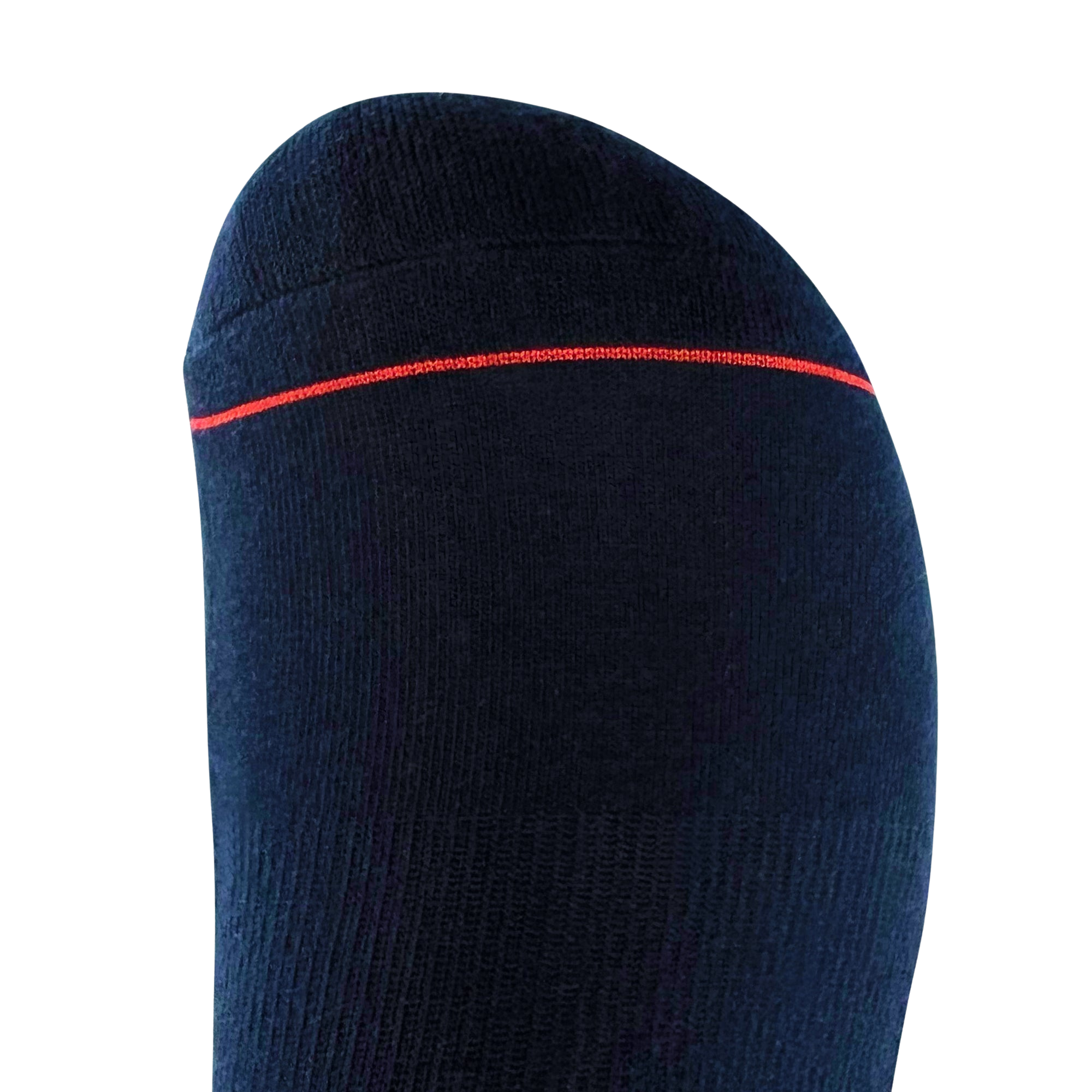 A close-up shot features an Embroidered Logo Sock by Oaklandish, showcasing a dark-colored sock enveloping a foot and highlighting the toe area. This crew sock is solid black with a fine horizontal red stripe near the toes and appears to have a subtly ribbed texture. Adorned with the iconic Oaklandish logo, these socks are available in adult sizes. The background is plain light grey, emphasizing the sleek design of the sock.