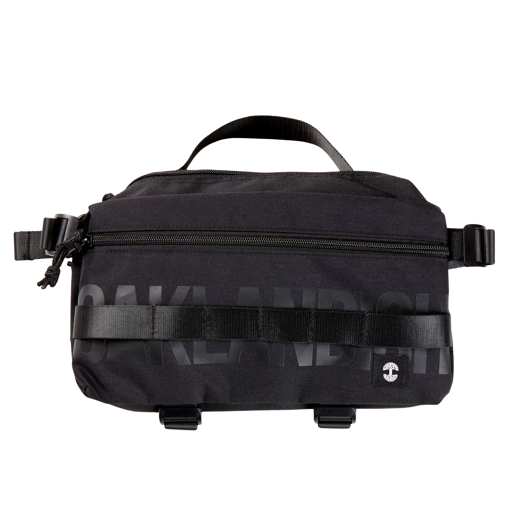 A black nylon hip bag with a black Oaklandish wordmark, front zipper, top handle, waist belt, & small white Oaklandish tree logo.