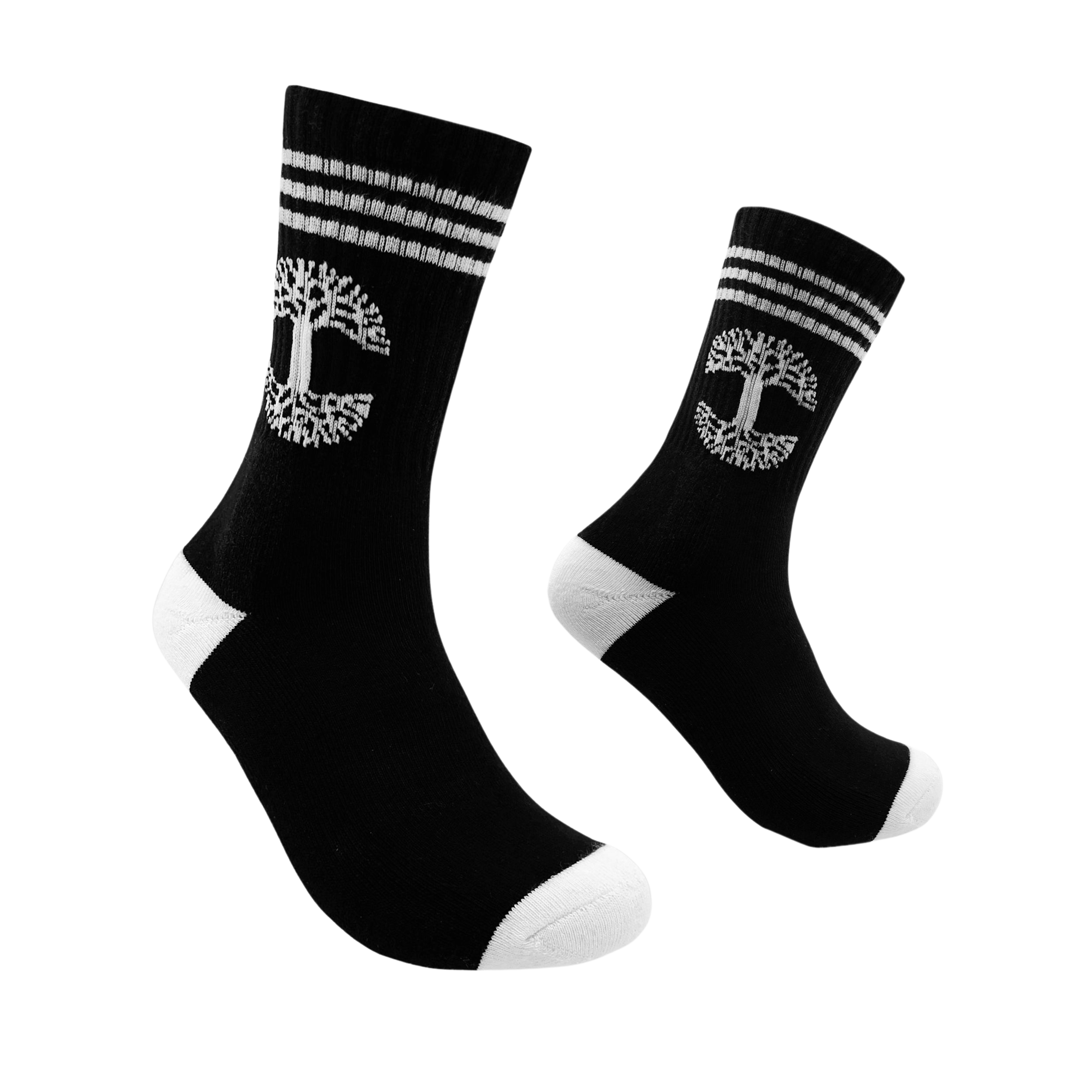 A pair of Retro Classic Socks by Oaklandish, designed in black with three white stripes at the top and a distinctive tree-like Oaklandish logo encased in a circular border. The toes and heels, also white, provide a striking contrast. These exceptionally comfy mid-calf socks are displayed side by side, angled slightly with toes pointing upward against a plain white background.