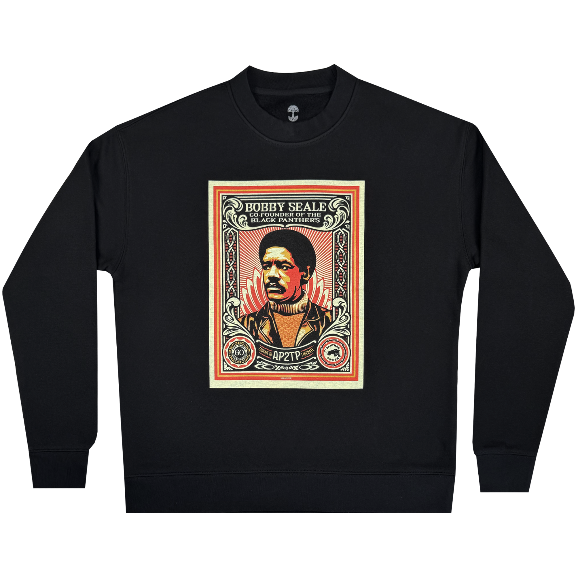 The Oaklandish Obey x BPPALN - 60th Educate to Liberate Crew features a bold portrait of Bobby Seale framed in red and beige, honoring the Black Panther Party’s 60th anniversary with striking graphics and “AP2TP” below.