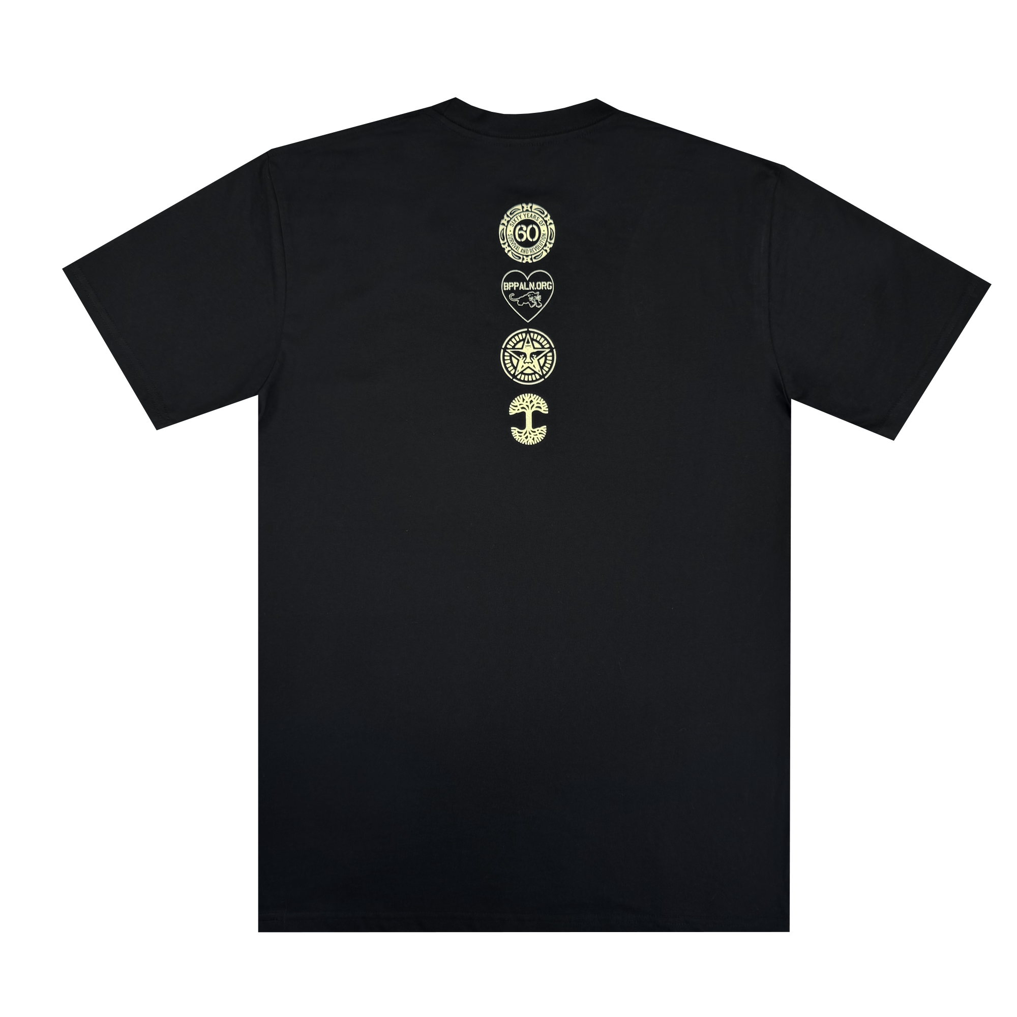 The Obey x BPPALN x Oaklandish - 60th Educate to Liberate Tee by Oaklandish is a black short-sleeve shirt with four small yellow-green symbols vertically on the upper back, laid flat on a white background.