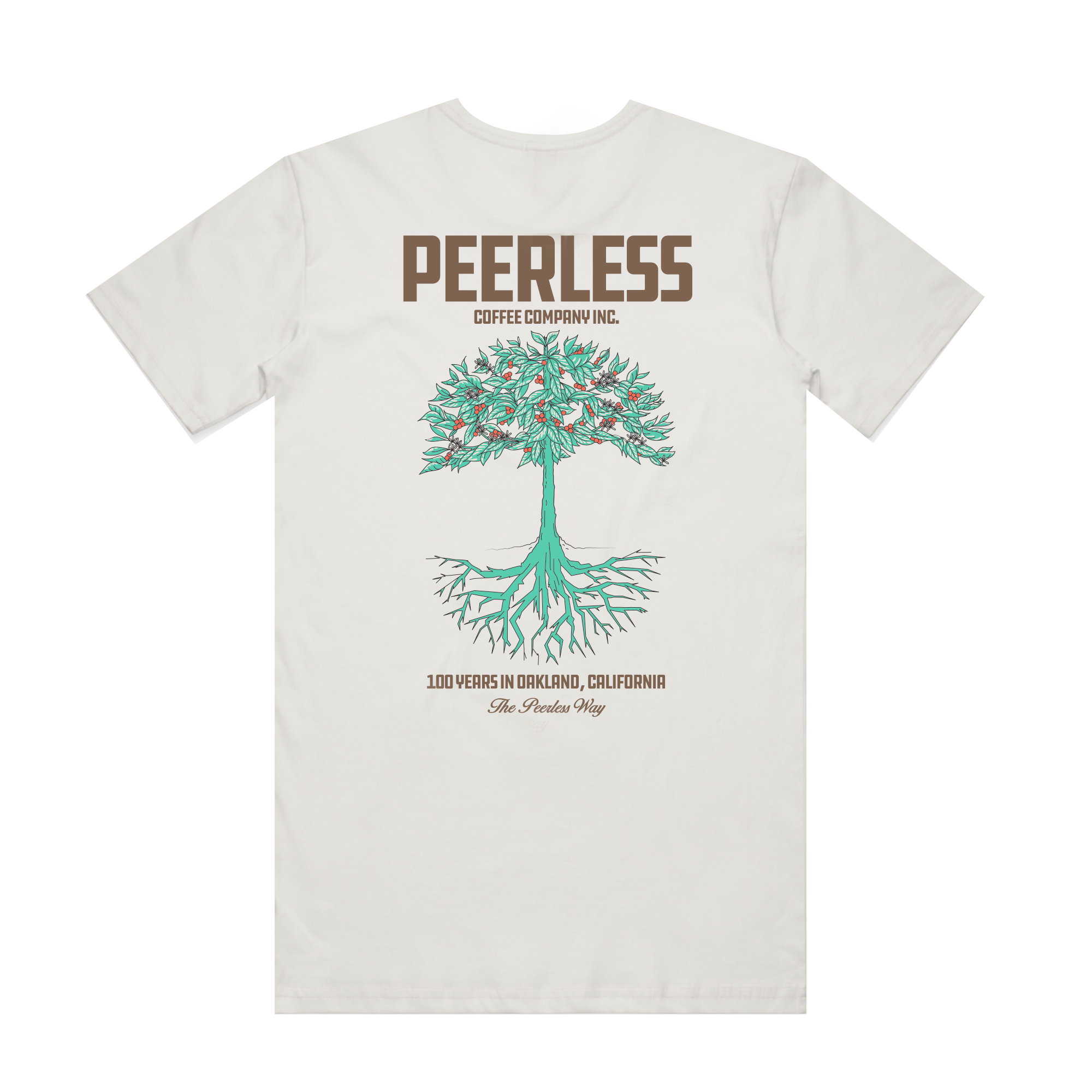 Introducing the Peerless Arabica Tee by Oaklandish: a white t-shirt showcasing a detailed graphic of an Arabica coffee tree, complete with intricate roots and branches. The design prominently features "PEERLESS" in bold lettering above the tree, while beneath it reads "Coffee Company Inc., 100 Years in Oakland, California - The Peerless Way." Crafted in vibrant green, red, and brown hues.