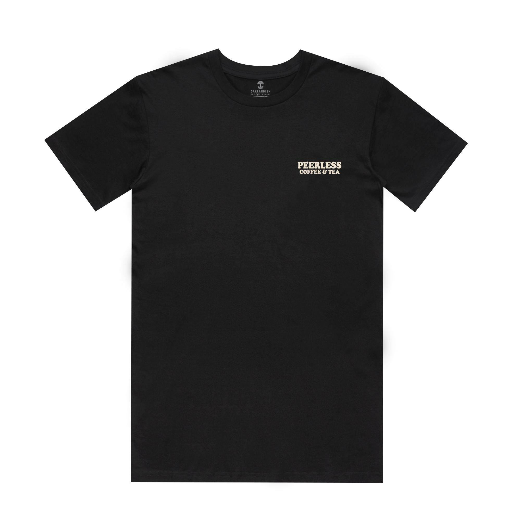 The Peerless Skyline Tee, a product of the Oaklandish collaboration, is a black T-shirt showcasing the "Peerless Coffee & Tea" logo in white on the upper left chest. It features short sleeves and a round neckline, set against a white background.