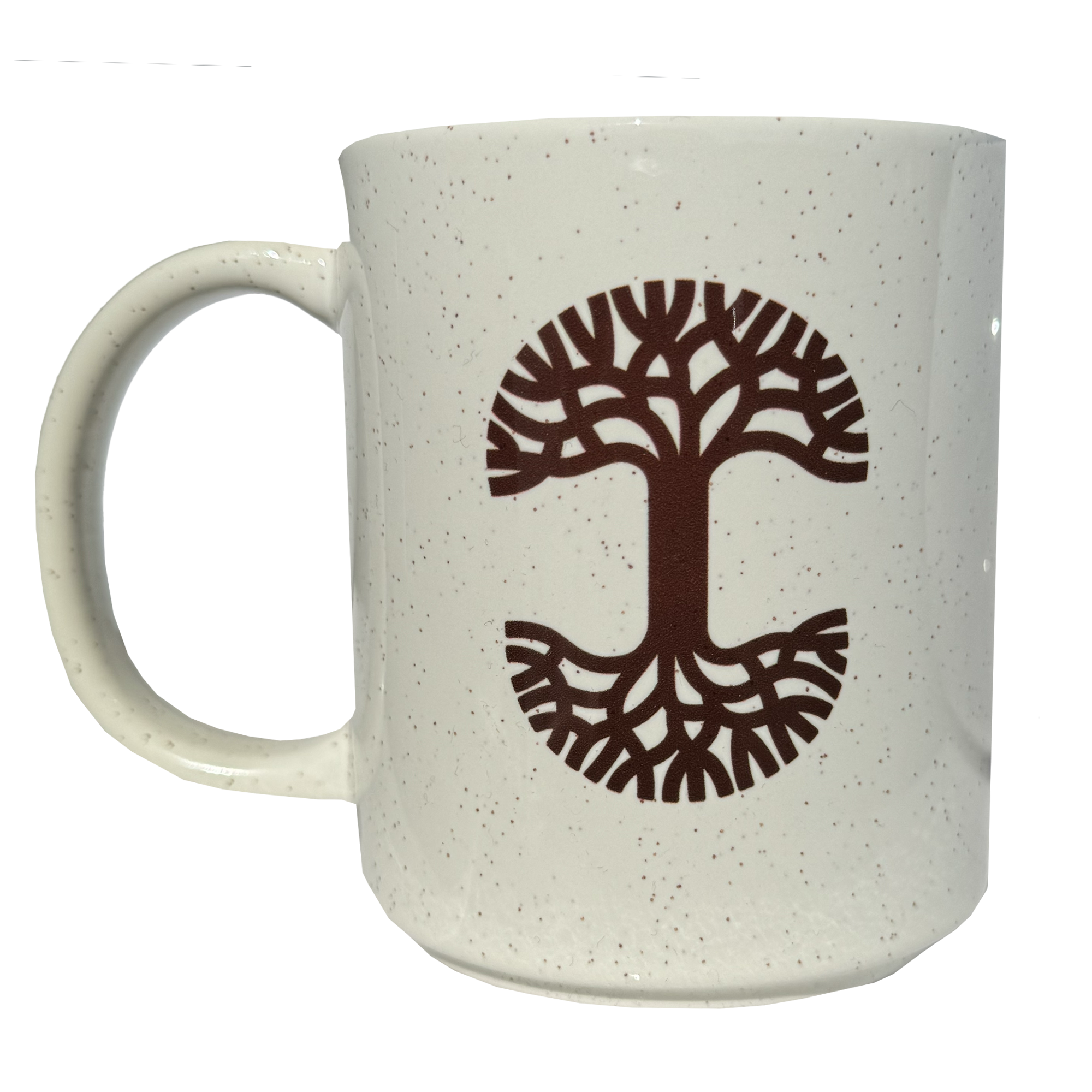 This 14 oz ceramic drinkware piece, the Love Life Poppies Mug by Oaklandish, features a dark brown tree design with large, spreading branches and symmetrical roots encircling the trunk. Symbolizing life and growth, the mug comes with a classic handle on the left side.