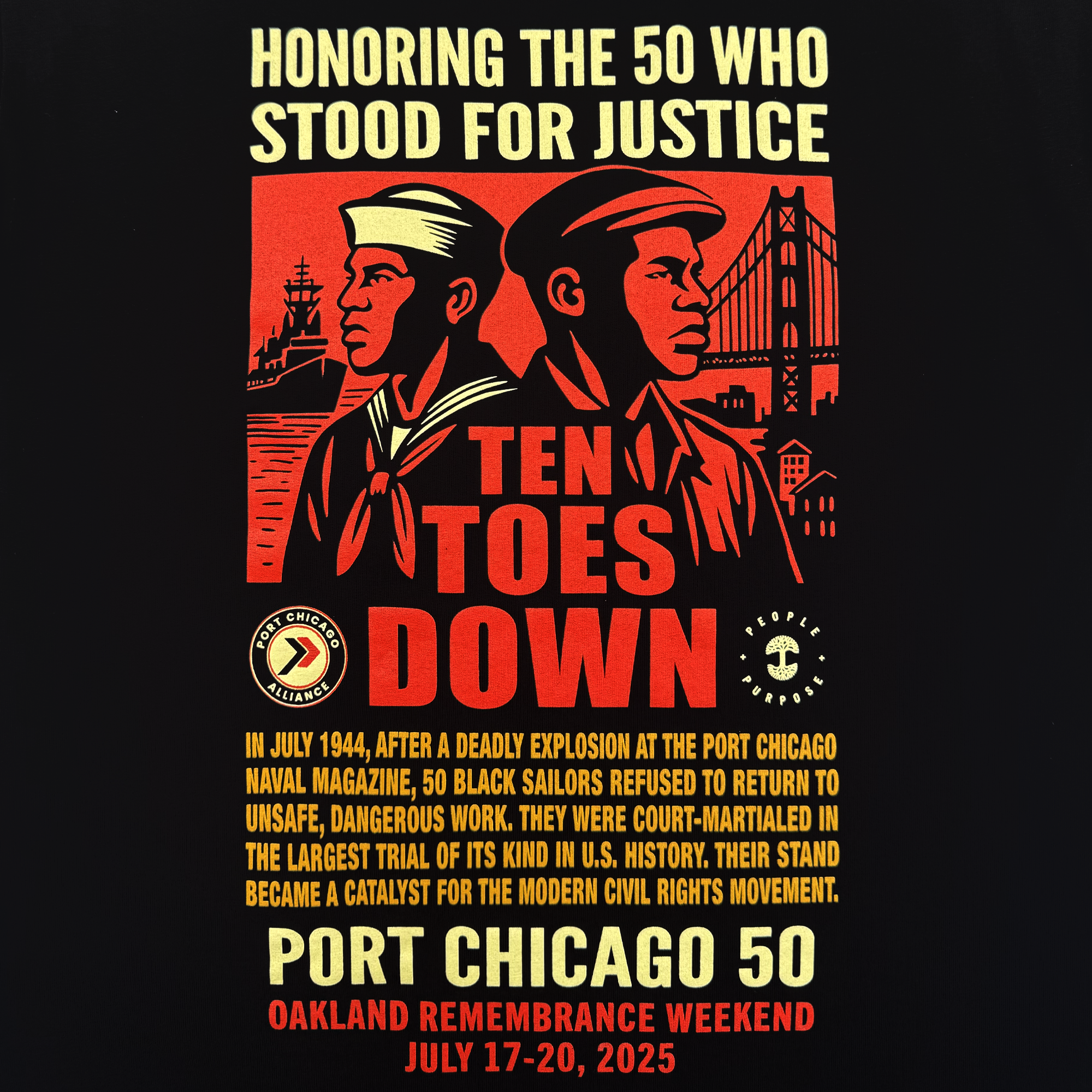 Oaklandish Port Chicago 50 Tee features two Black sailors in uniform before a red bridge, with bold yellow and red text honoring the 1944 stand against Jim Crow. Details on the 2025 Oakland remembrance event are at the bottom.