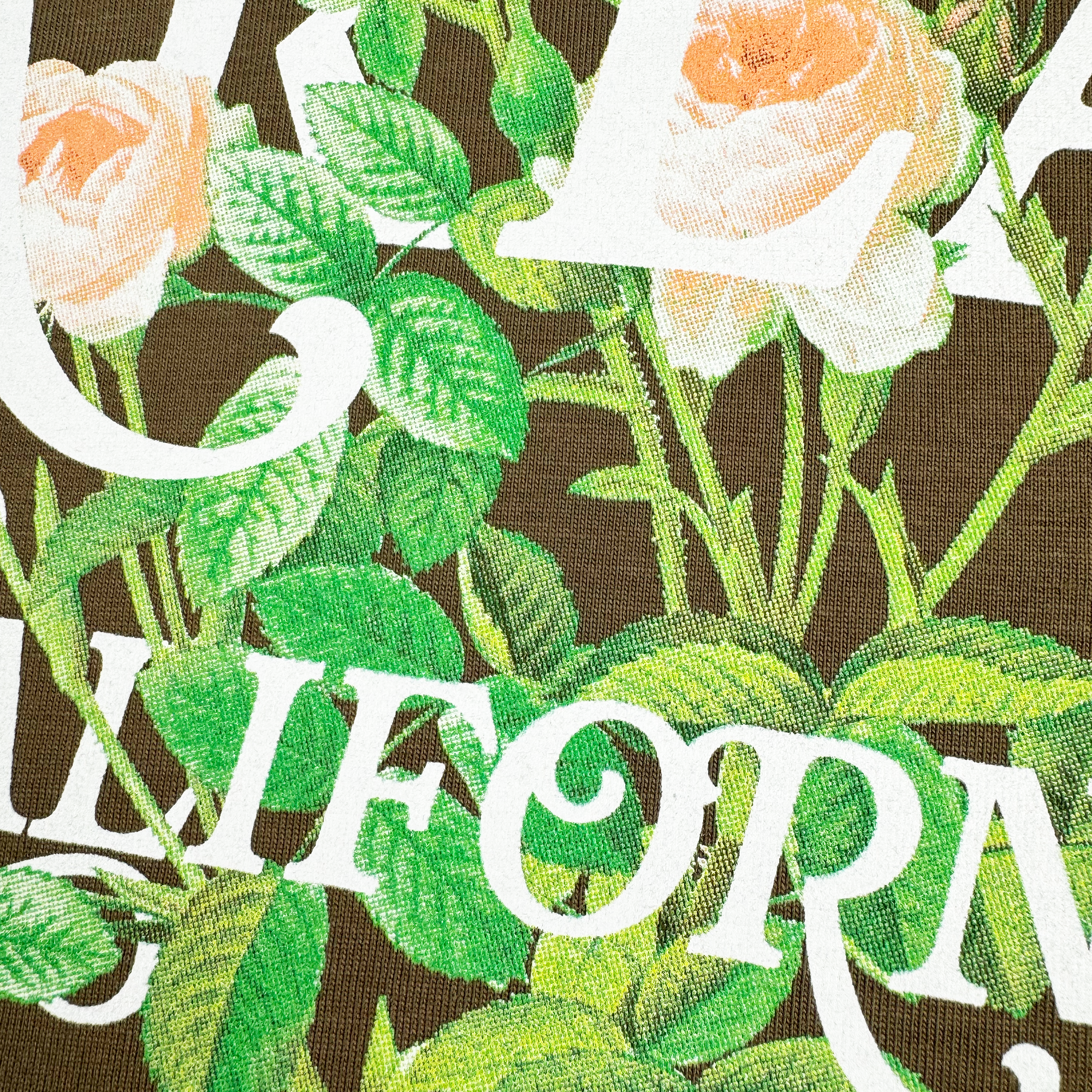 A close-up of the Posy Tee from Oaklandish showcases a beautiful cotton fabric adorned with floral prints, featuring light pink roses and green leaves set against a brown background. Overlaying the design, bold white text partially spells "CALIFORNIA" amidst the flowers and foliage, suggesting its place in an exclusive tee collection.