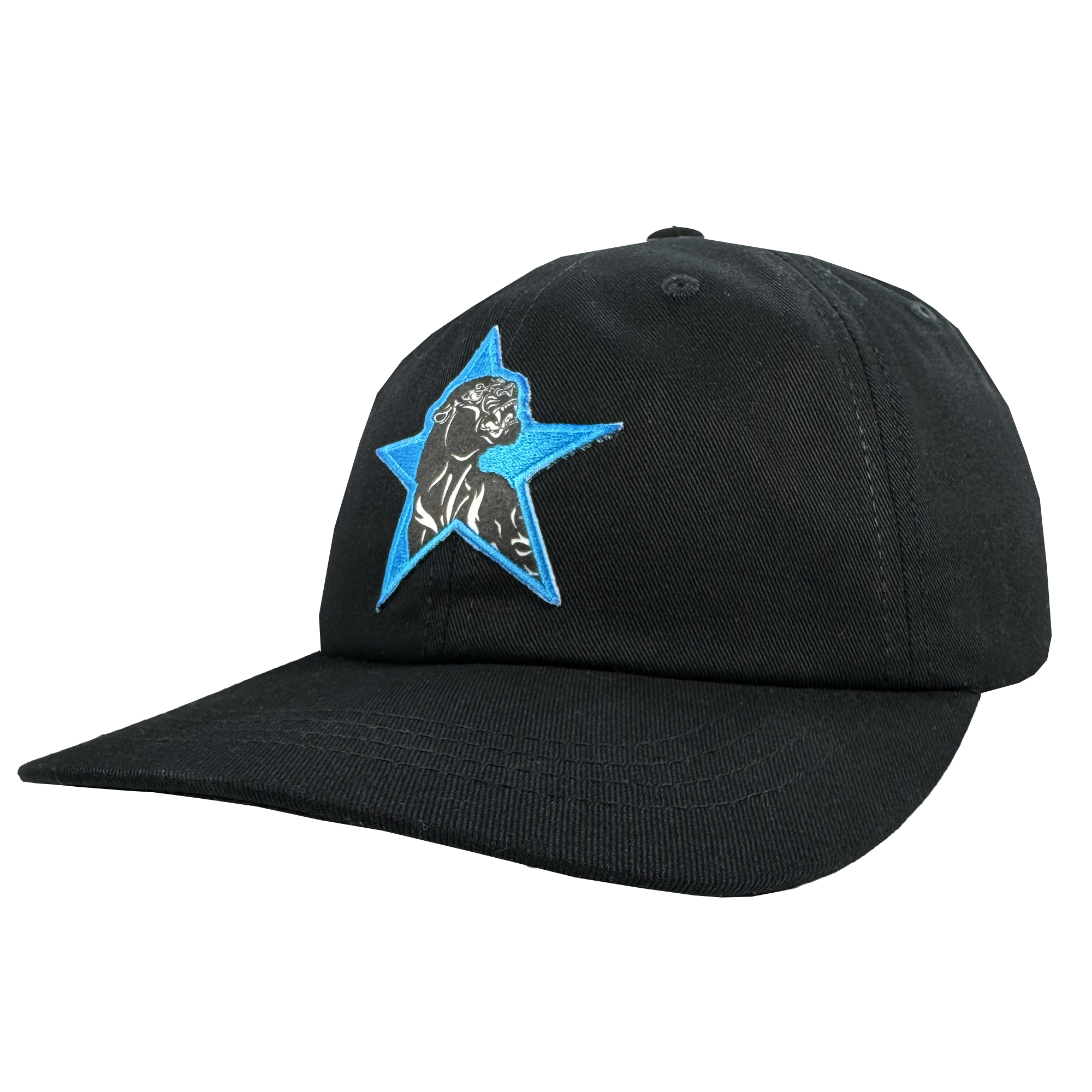 The Oaklandish Power of the People Dad Hat is a black baseball cap with an embroidered black panther and blue star, honoring Black Panther Power. Its curved brim and detailed stitching highlight this statement piece.