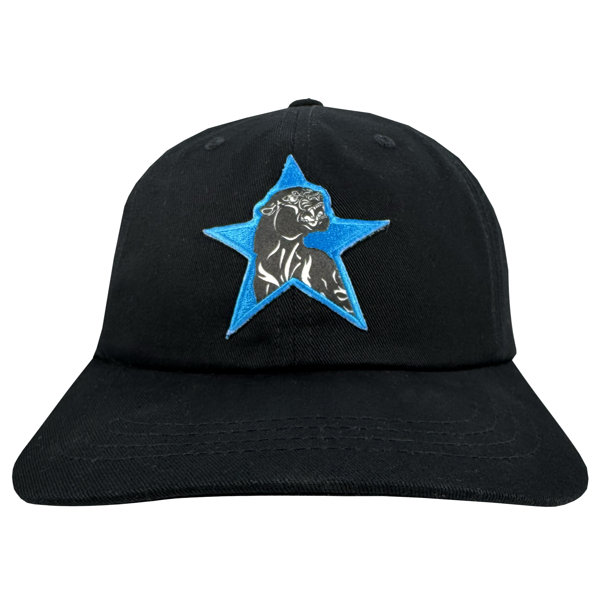 The Oaklandish Power of the People Dad Hat is a black cap with an embroidered black panther inside a large blue star on the front, visible stitching, and a curved brim. This Apparel of Social Consciousness piece stands out for its bold design.