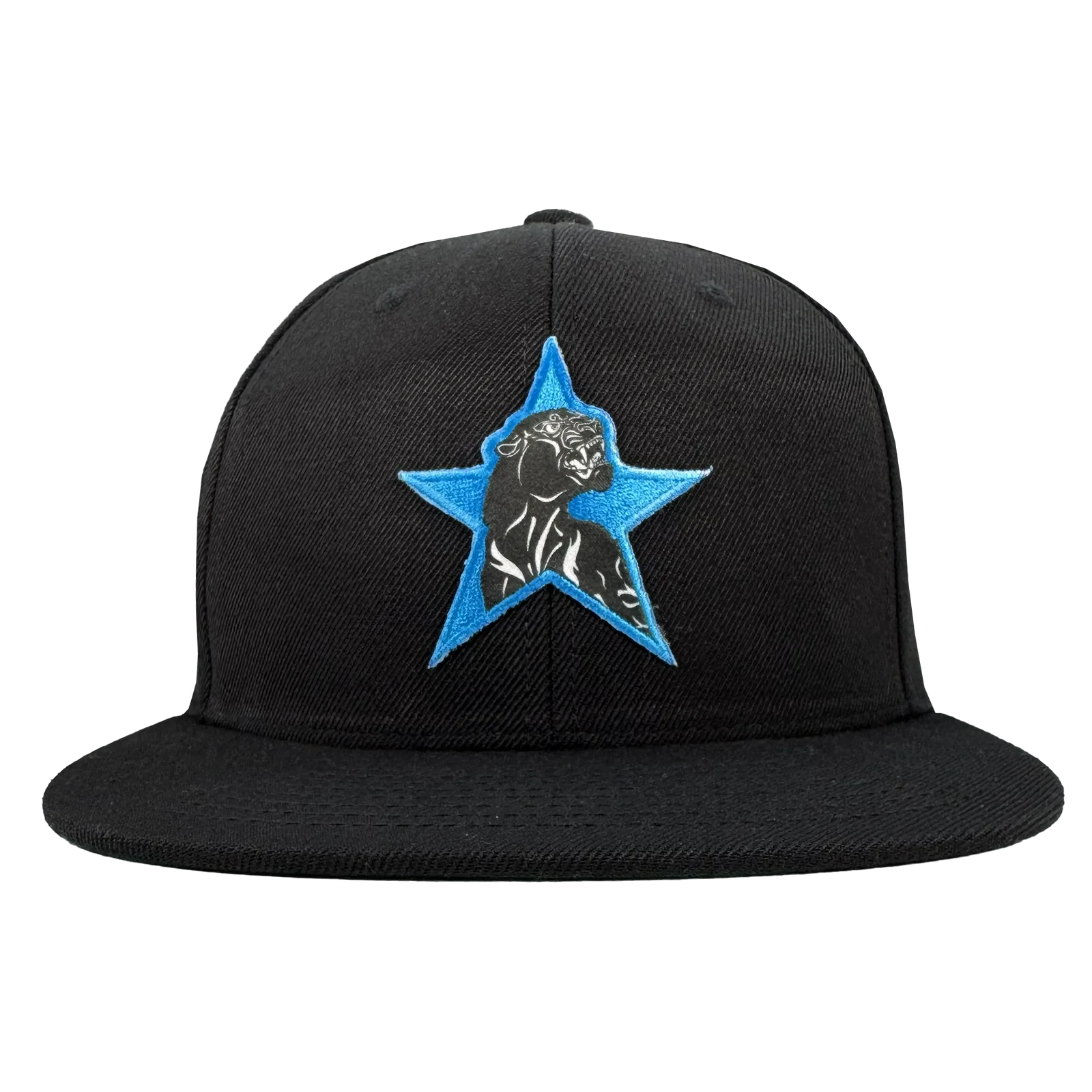 The Oaklandish Power of the People Snapback features a blue five-pointed star with an embroidered black panther head and front leg, inspired by the Black Panther Party, standing out against a plain white background.