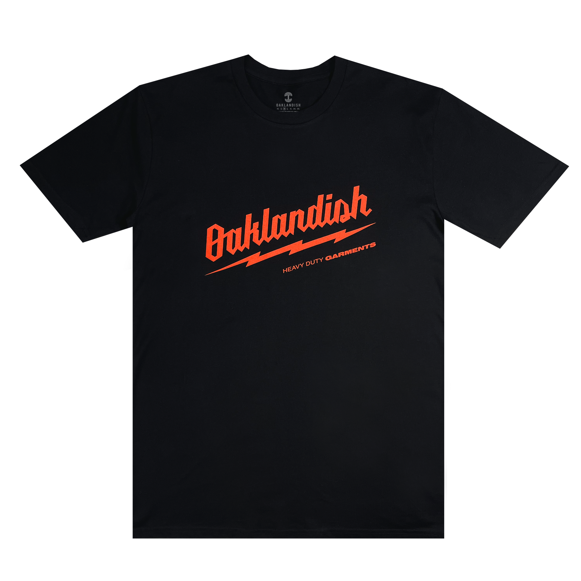 The Power Tools Tee by Oaklandish is a black classic fit t-shirt featuring the word "Oaklandish" in bold, stylized orange letters across the chest. Below it, in smaller orange text, is the phrase "HEAVY DUTY GARMENTS." Made from 100% cotton, this shirt comes with short sleeves and a round neckline.