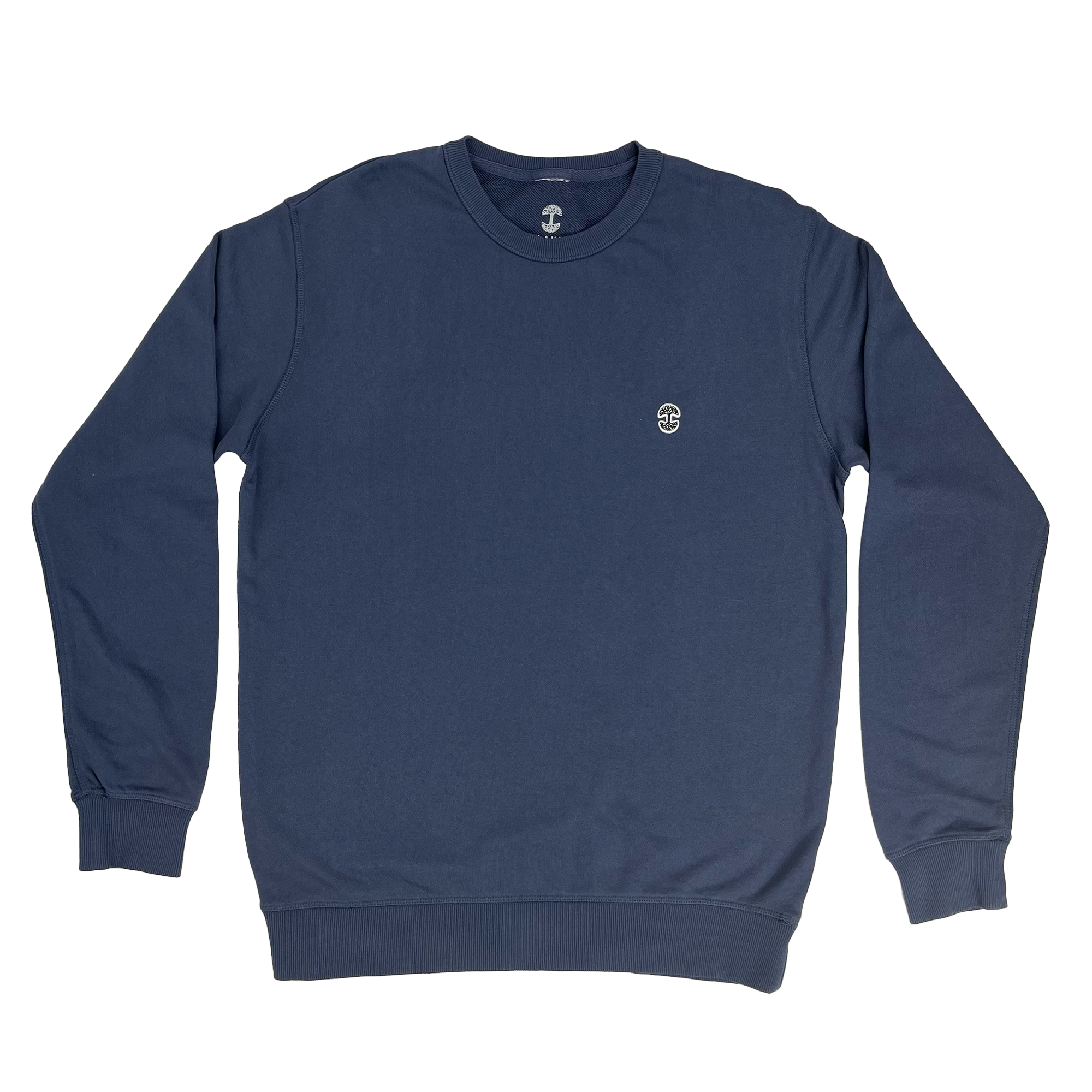 Front view of Premium crewneck sweatshirt - Oaklandish tree logo, Petrol Blue.