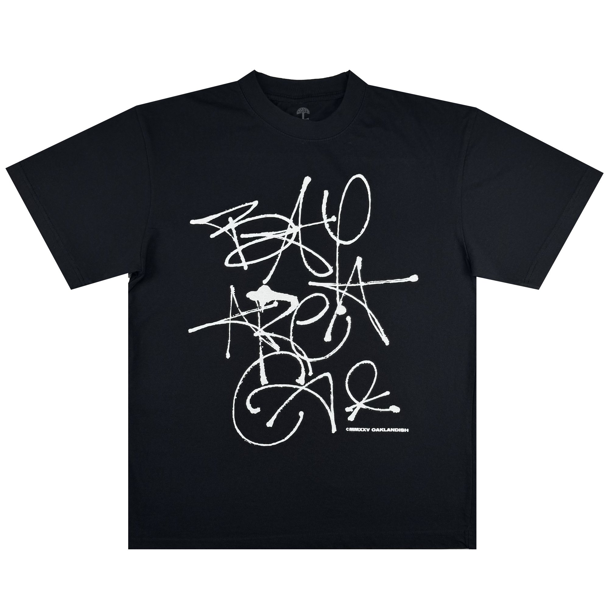 The Presto Tee by Oaklandish is a men’s black classic fit shirt in heavy-weight cotton, featuring bold white graffiti-style "BAY AREA CALI" text and a small 