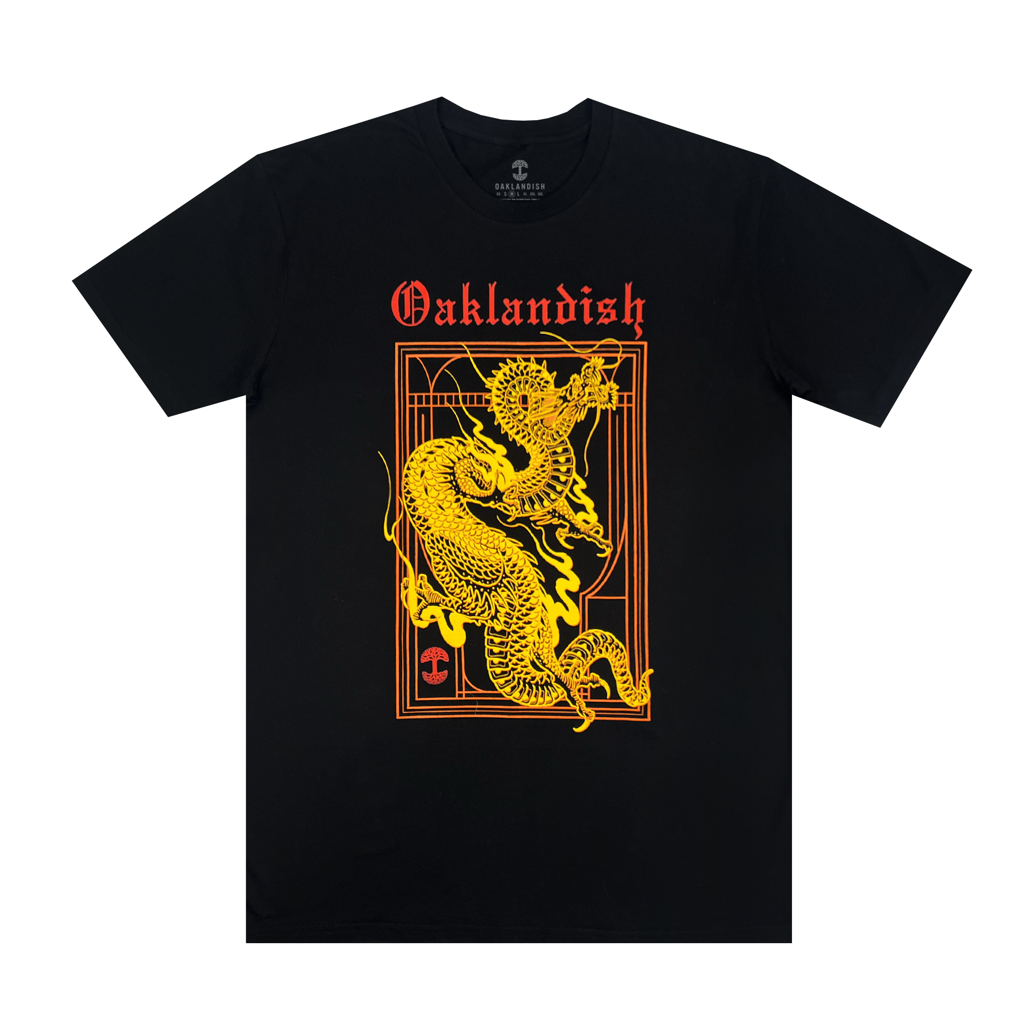 Presenting the Prosperity Tee by Oaklandish: a black men’s T-shirt adorned with an impressive yellow dragon intertwined with a red and yellow geometric design at its center. The word "Oaklandish" is prominently written above the dragon in bold, red lettering, representing prosperity and peace. The T-shirt is showcased against a clean, white backdrop.