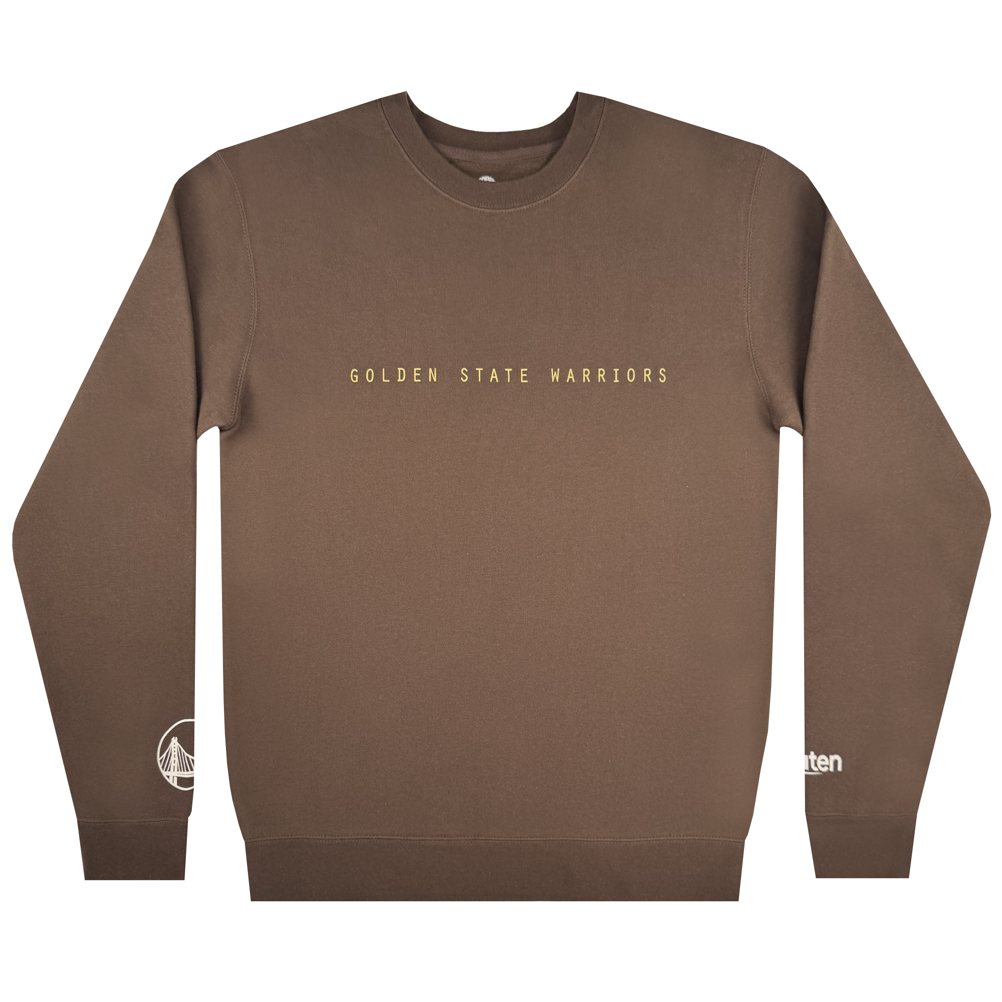 The Town Crewneck by Other is a brown sweatshirt with “GOLDEN STATE WARRIORS” in small gold letters on the chest, inspired by the City Edition jersey. It features a white logo on the right sleeve and a small white “Rakuten” logo near the left wrist.