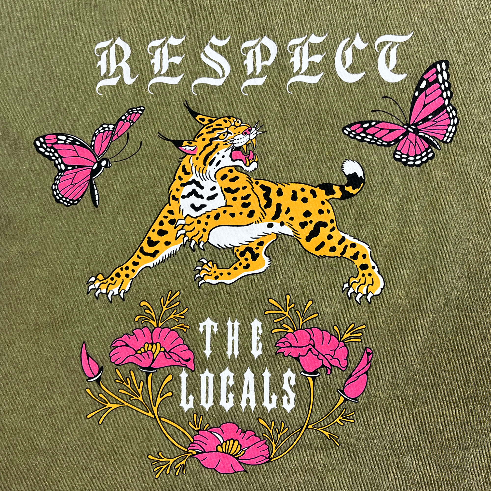 The Women's Respect the Locals Tank by Oaklandish features an illustration of a leopard with an open mouth, flanked by two pink butterflies. Below, you'll find pink flowers with green leaves. The phrase "RESPECT THE LOCALS" is displayed in white uppercase gothic lettering on an olive green backdrop, making it ideal for a muscle tank or tattoo design that embodies Oakland style.