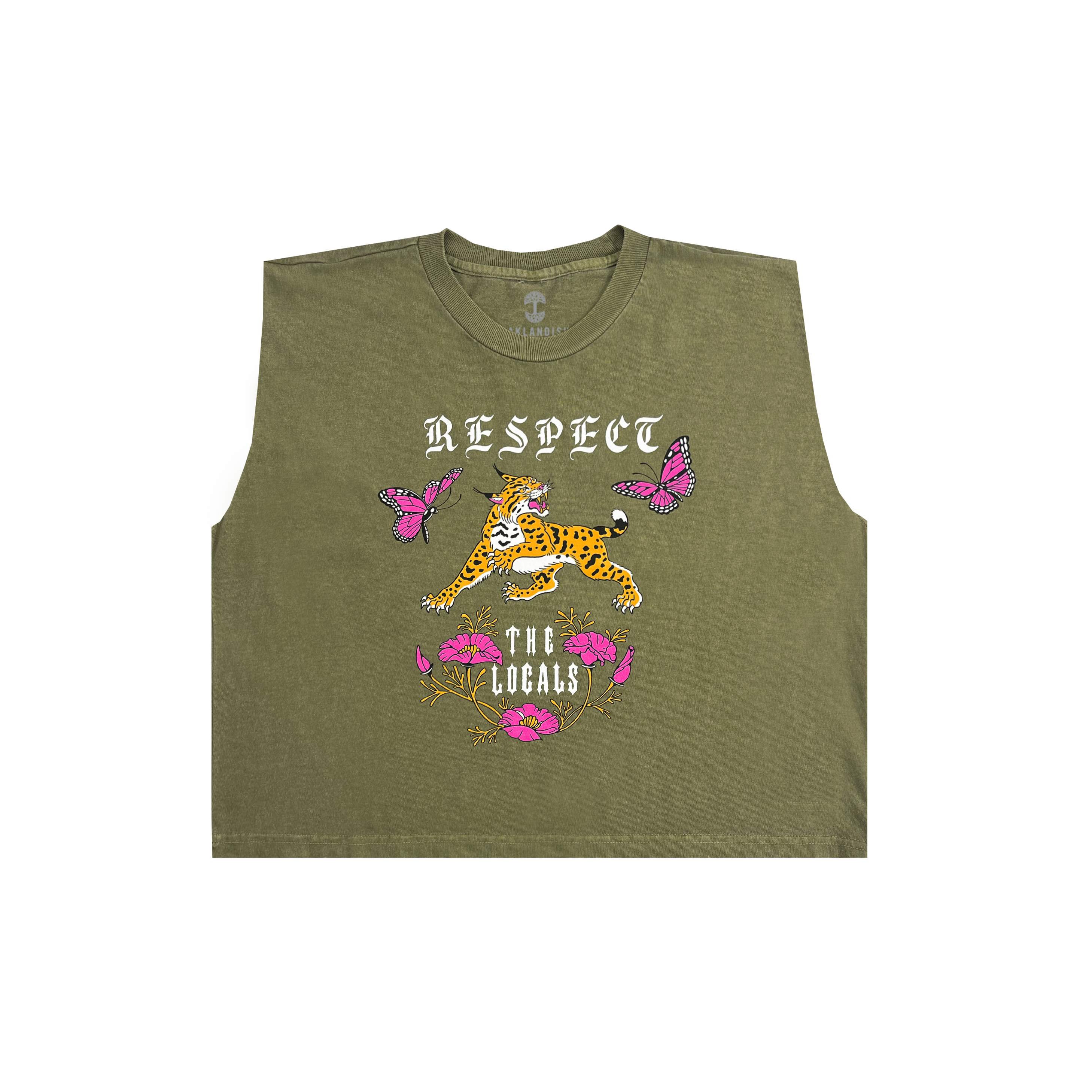 The Women's Respect the Locals Tank by Oaklandish is an olive green, sleeveless crop top made from 100% cotton. It features a tattoo-style graphic design with a blue-eyed leopard surrounded by pink butterflies and flowers. "RESPECT THE LOCALS" is printed in white, with "THE LOCALS" arched beneath the leopard—perfect for any Oakland native.