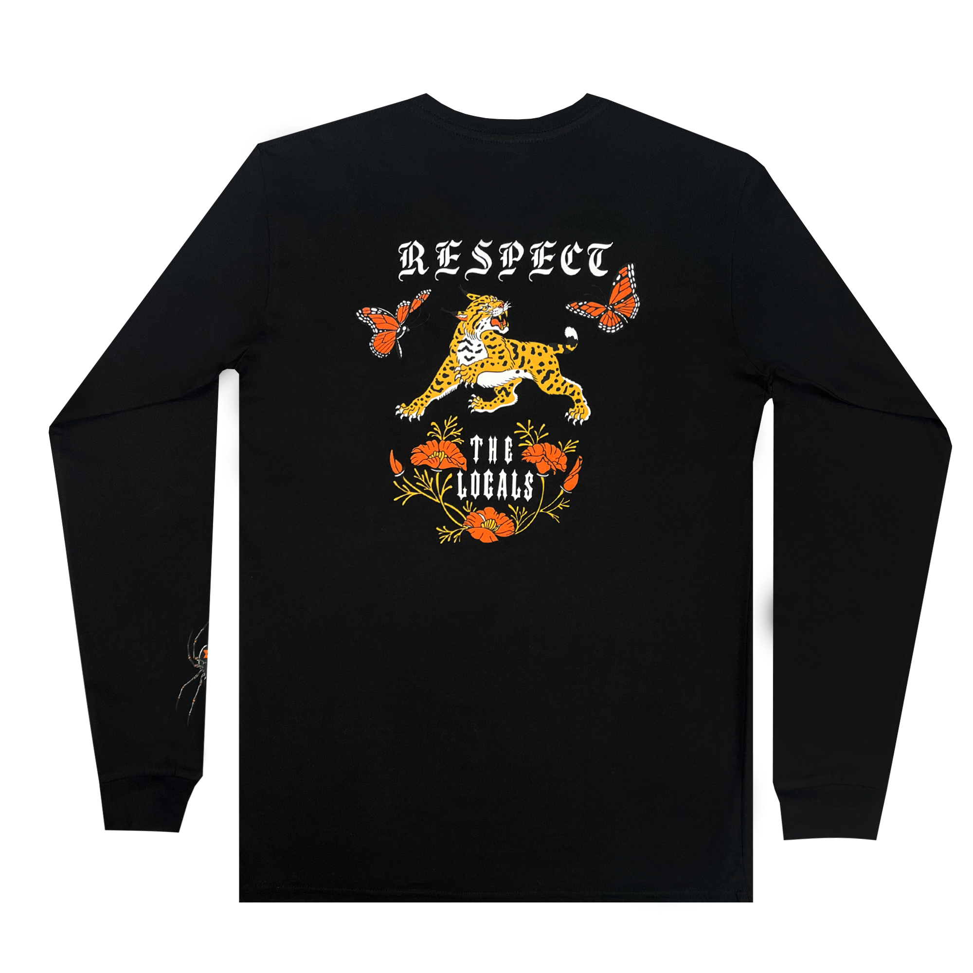 The Oaklandish Respect the Locals LS Tee is a black long-sleeve t-shirt that showcases a vivid design on the back. The top of the design features the word "RESPECT," while "THE LOCALS" is displayed at the bottom. Between them, an artistic depiction of a cheetah surrounded by red flowers and butterflies, evoking tattoo artist artwork, stands out in vibrant orange and white colors. Made from 100% cotton, it offers both comfort and style.