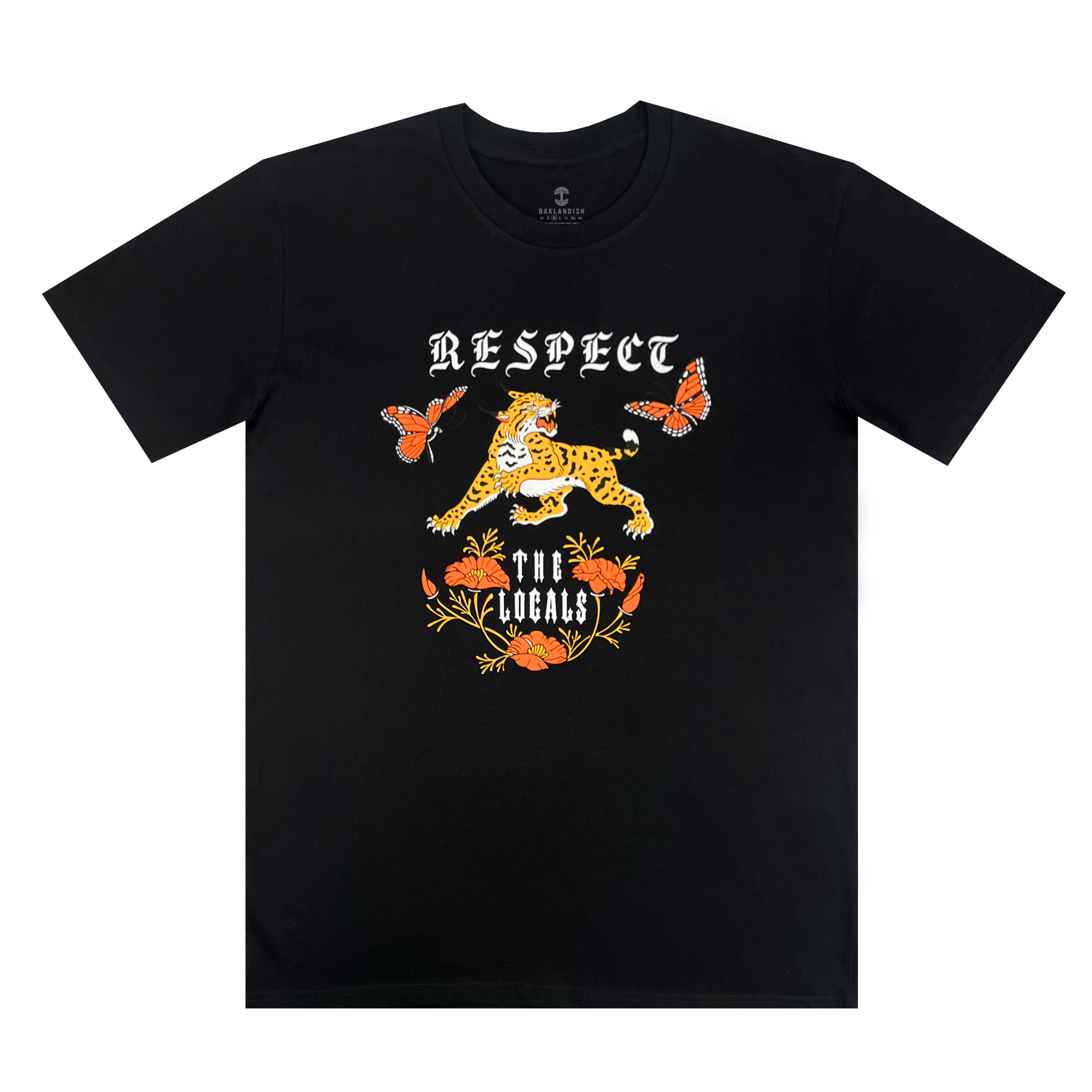 The Oaklandish "Respect the Locals Tee" is a black, classic fit T-shirt featuring a colorful design in the center. The artwork includes a leopard with two butterflies around it, accompanied by floral elements in an old-school tattoo style. Above the leopard, the text "RESPECT" is written, and below it, the text "THE LOCALS" is displayed.