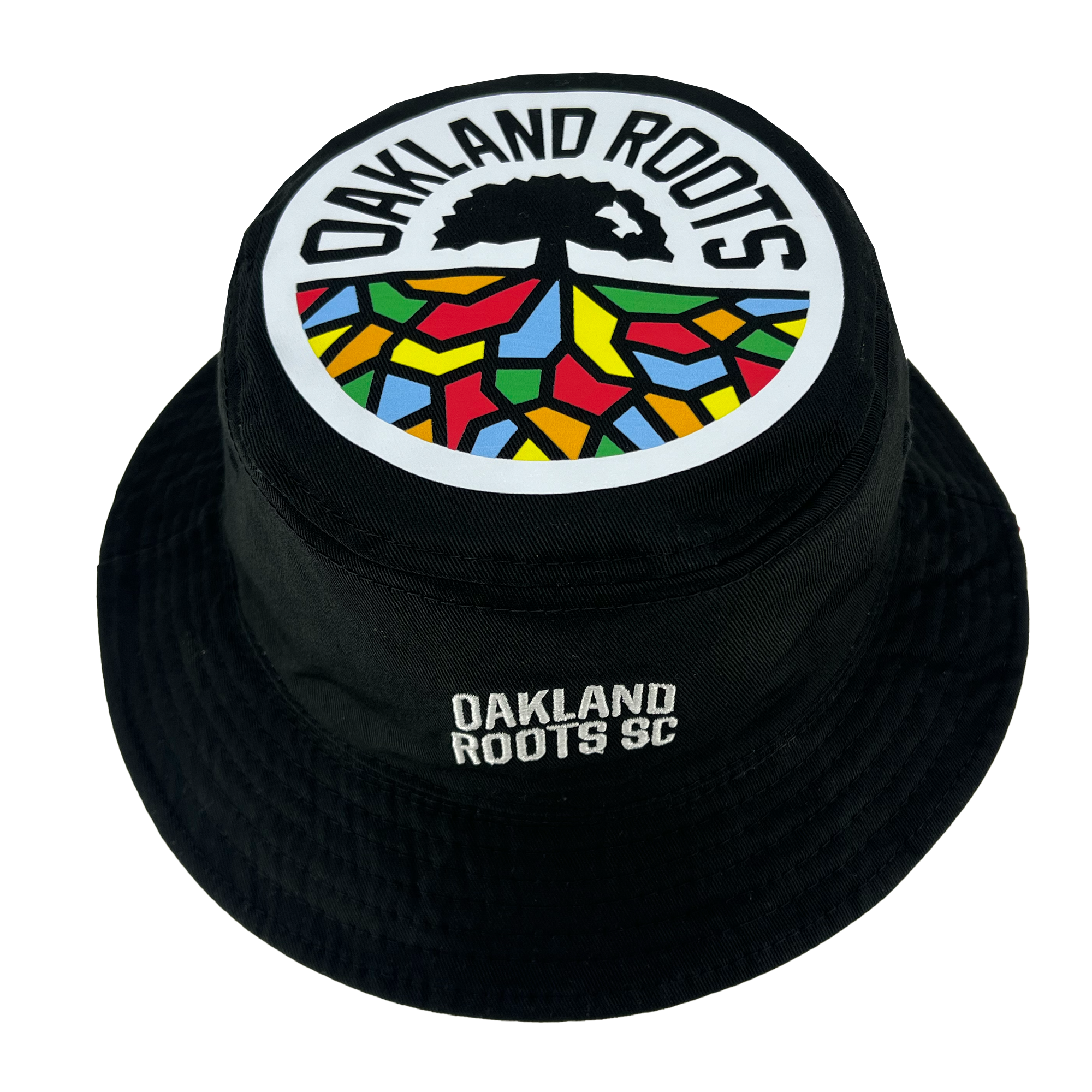 Black reversible bucket hat featuring the Oakland Roots SC logo on the front and top. The top logo includes a tree above a semi-circle with multicolored sections resembling stained glass. "OAKLAND ROOTS" arches over the top logo, and "OAKLAND ROOTS SC" is embroidered on the front. The product is called Oakland Soul & Roots SC Reversible Bucket by Oakland Roots SC.