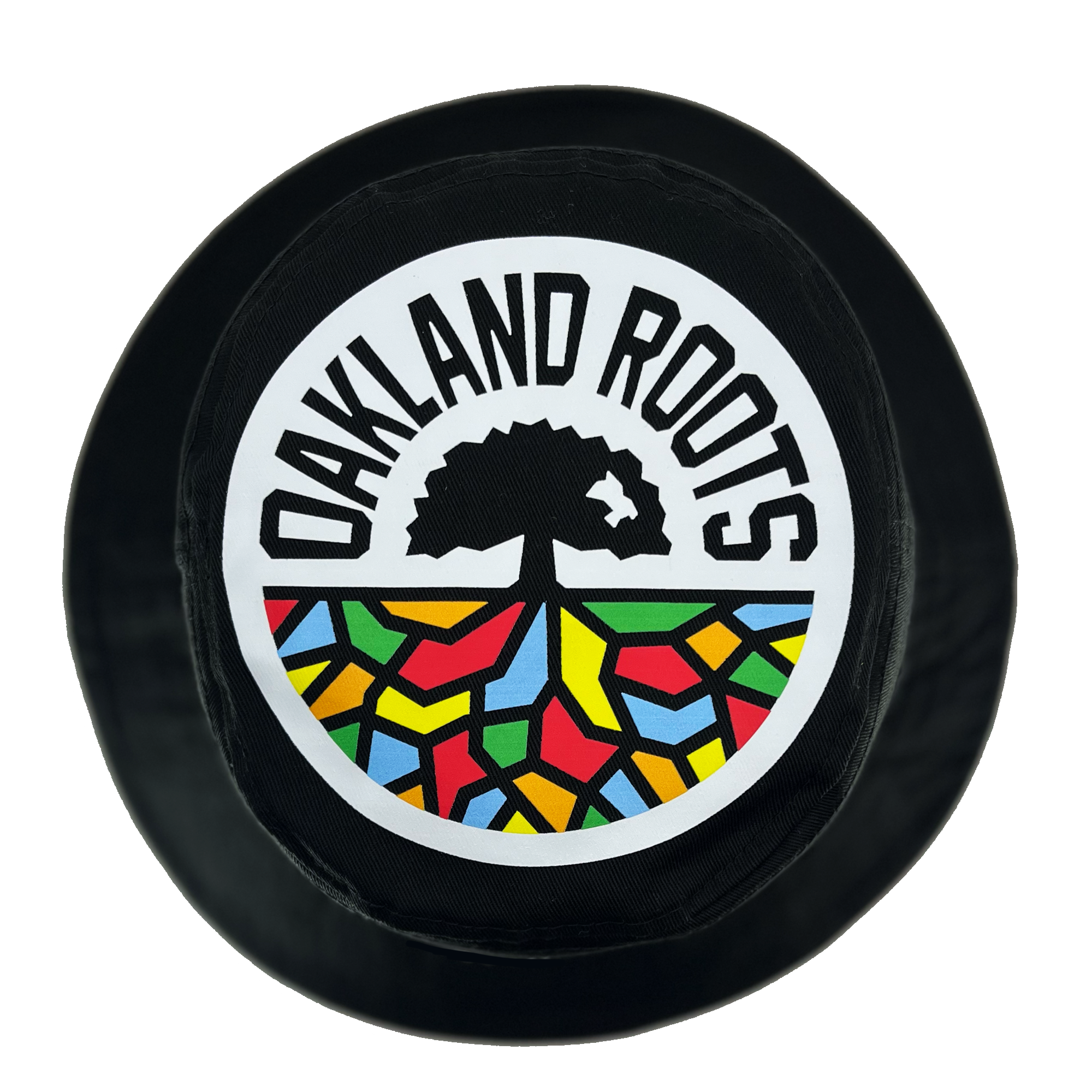 The Oakland Soul & Roots SC Reversible Bucket by Oakland Roots SC features a black circular patch with bold "OAKLAND ROOTS" text encircling a tree whose roots stretch into a vibrant mosaic pattern. The tree and text are rendered in black on a white background, while the mosaic is colored in red, yellow, green, and blue—making it the perfect accessory for your reversible bucket hat.