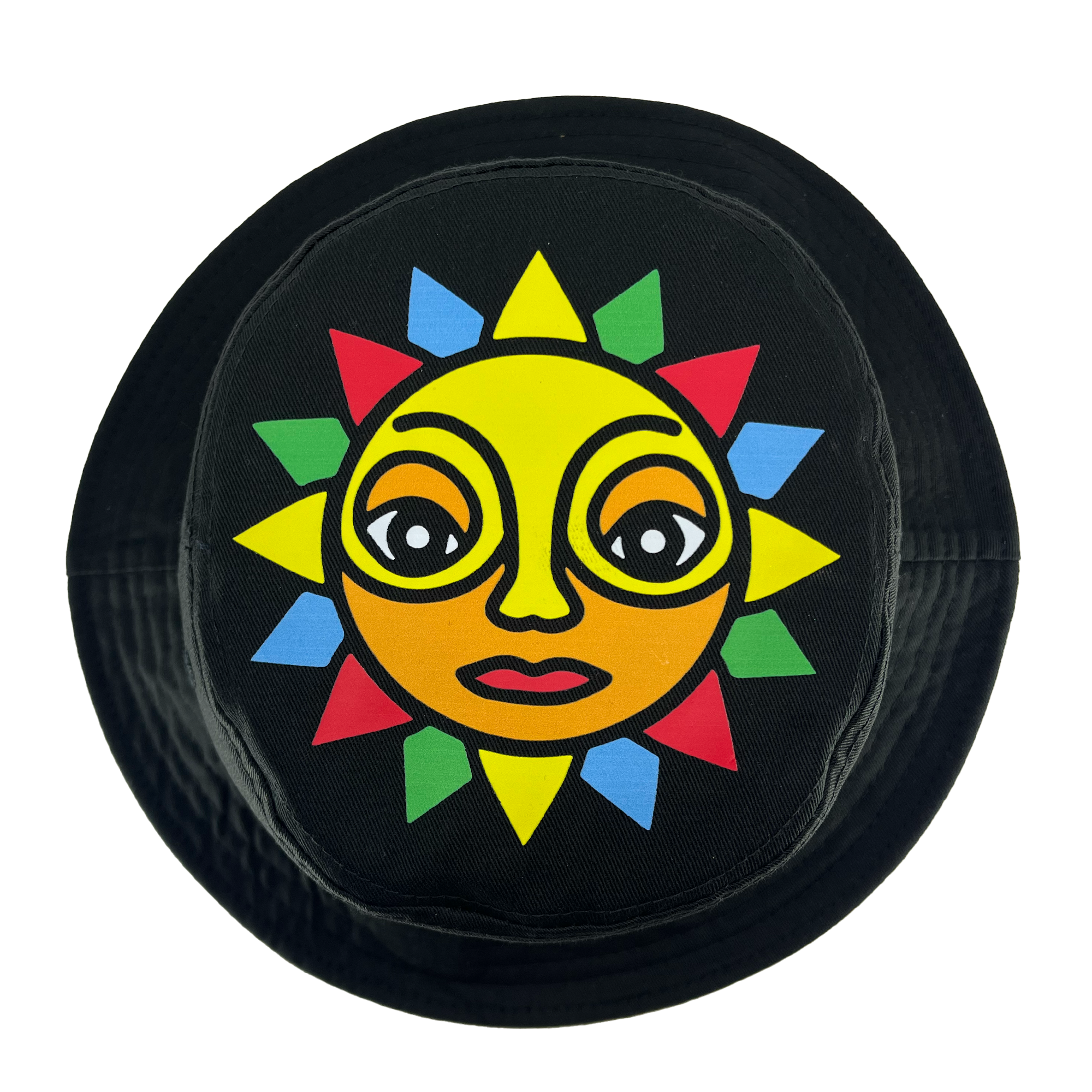 The Oakland Soul & Roots SC Reversible Bucket by Oakland Roots SC is a circular black bucket hat featuring a vibrant, artistic sun face design. The sun has a yellow face with expressive eyes, a small nose, and red lips. Its rays alternate in red, green, yellow, and blue colors, capturing the essence of Oakland Soul and Oakland Roots.