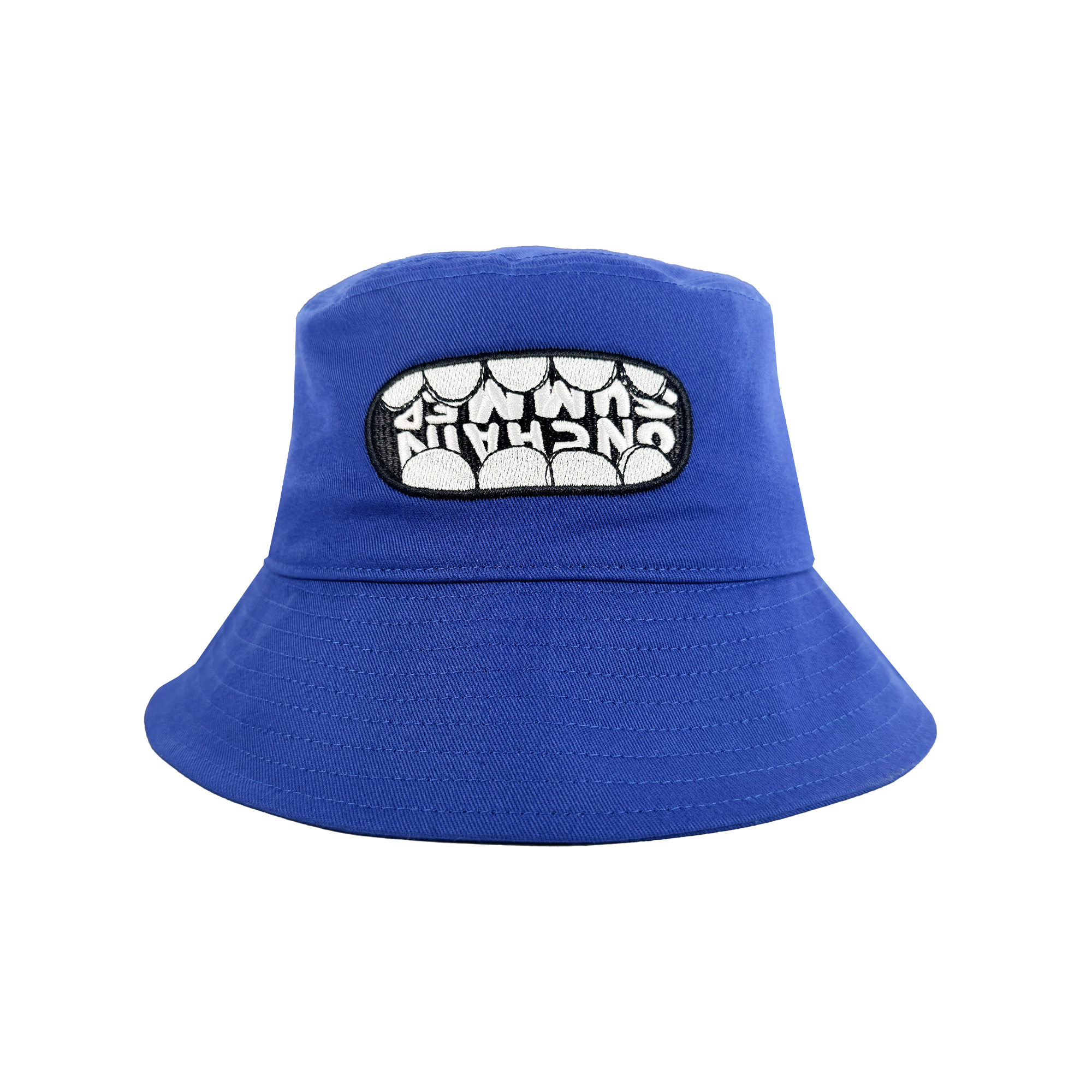 The OG Bucket Hat by Supported Brands is a bright blue hat with a front patch showing bold "UNCHAIN" lettering across white teeth. Ideal for Onchain Summit style or pairing with your favorite OG enamel pins.