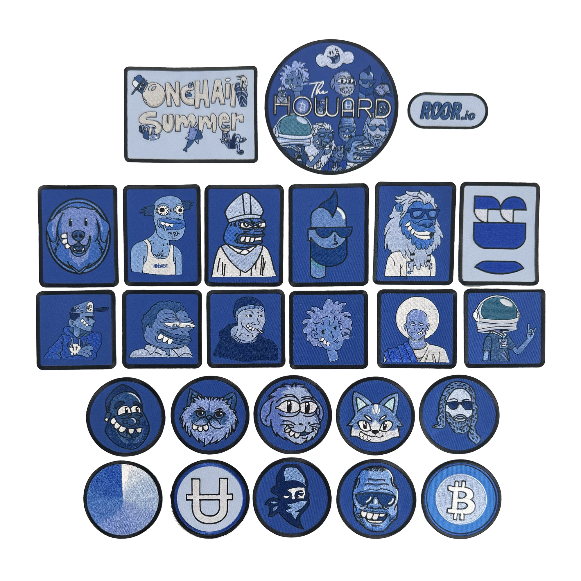 The Supported Brands OG Patch set includes 22 patches in blue, white, and black, with cartoon faces, animals, symbols like Bitcoin and smileys, plus “One Hair Summer,” “The Howard,” and Onchain Summit crew designs.