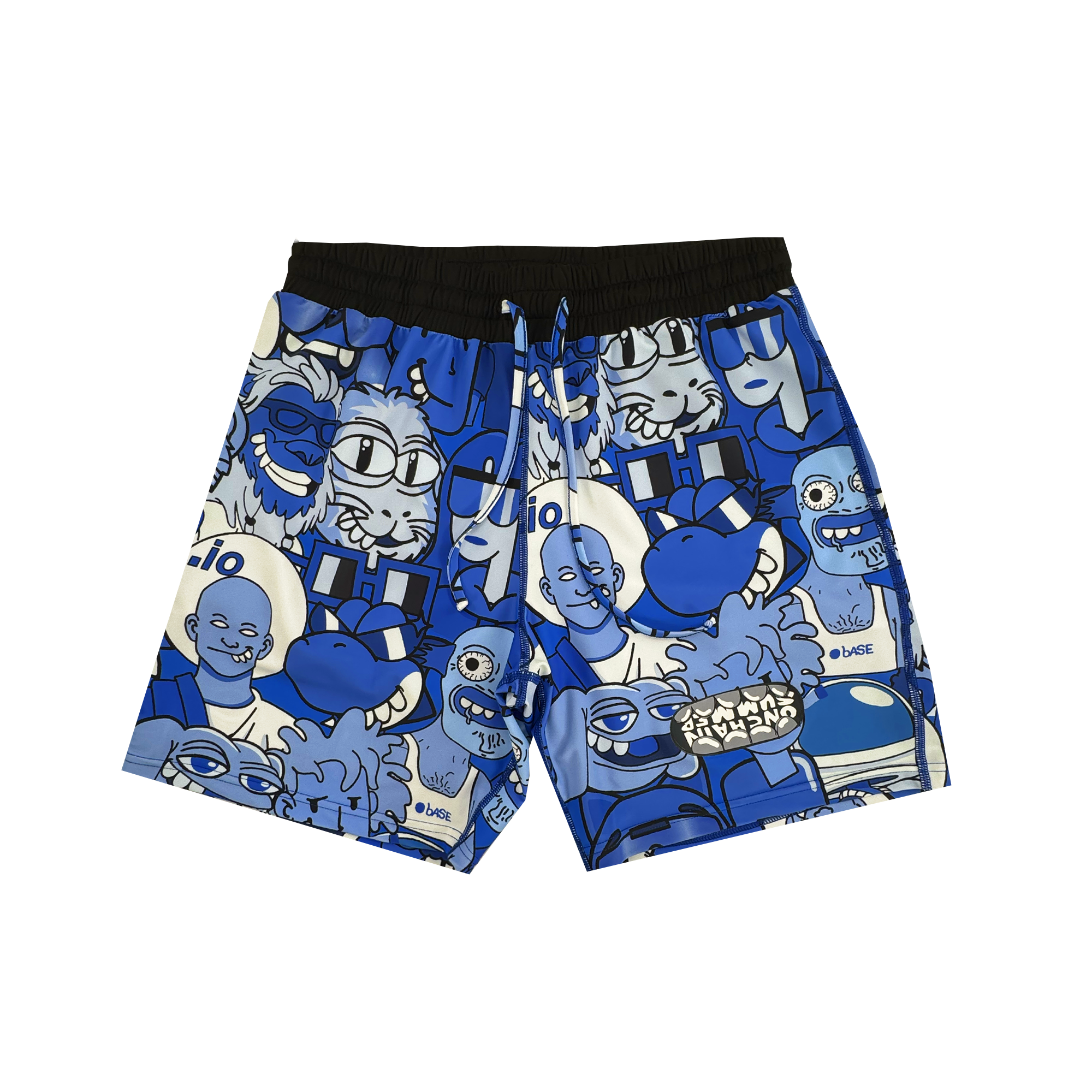 Supported Brands OG Swim Trunks feature a blue and black cartoon print with abstract, humorous faces and quirky doodles, plus a black elastic waistband. Made from comfy spandex for playful style and comfort.