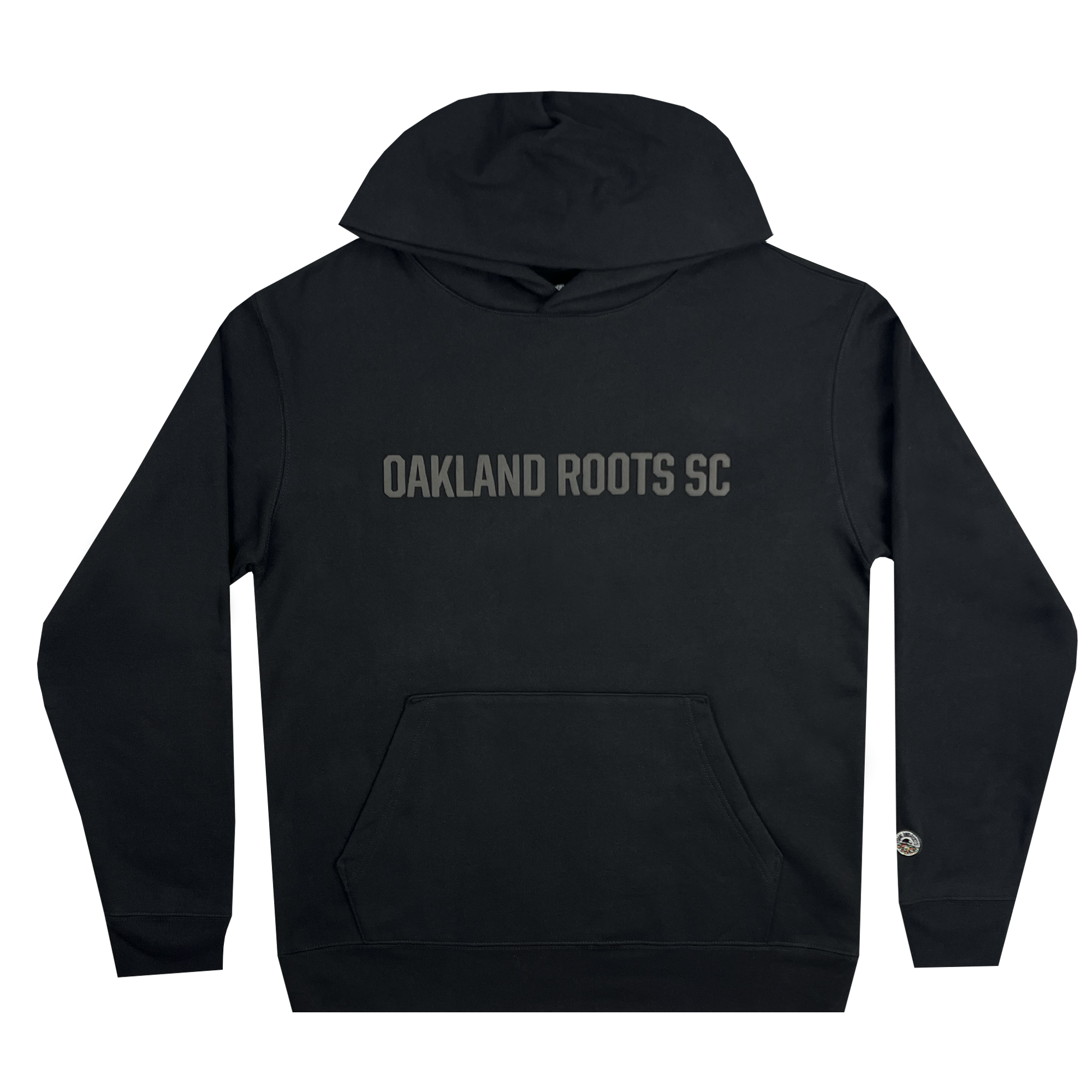 The Oakland Roots SC Ascetic Hoodie by Oakland Roots SC is a black hoodie with "OAKLAND ROOTS SC" printed in grey across the chest. Made from soft, organic cotton, it features a front kangaroo pocket and a hood. The minimalist design includes no additional graphics or embellishments, capturing the true Oaklandish spirit.